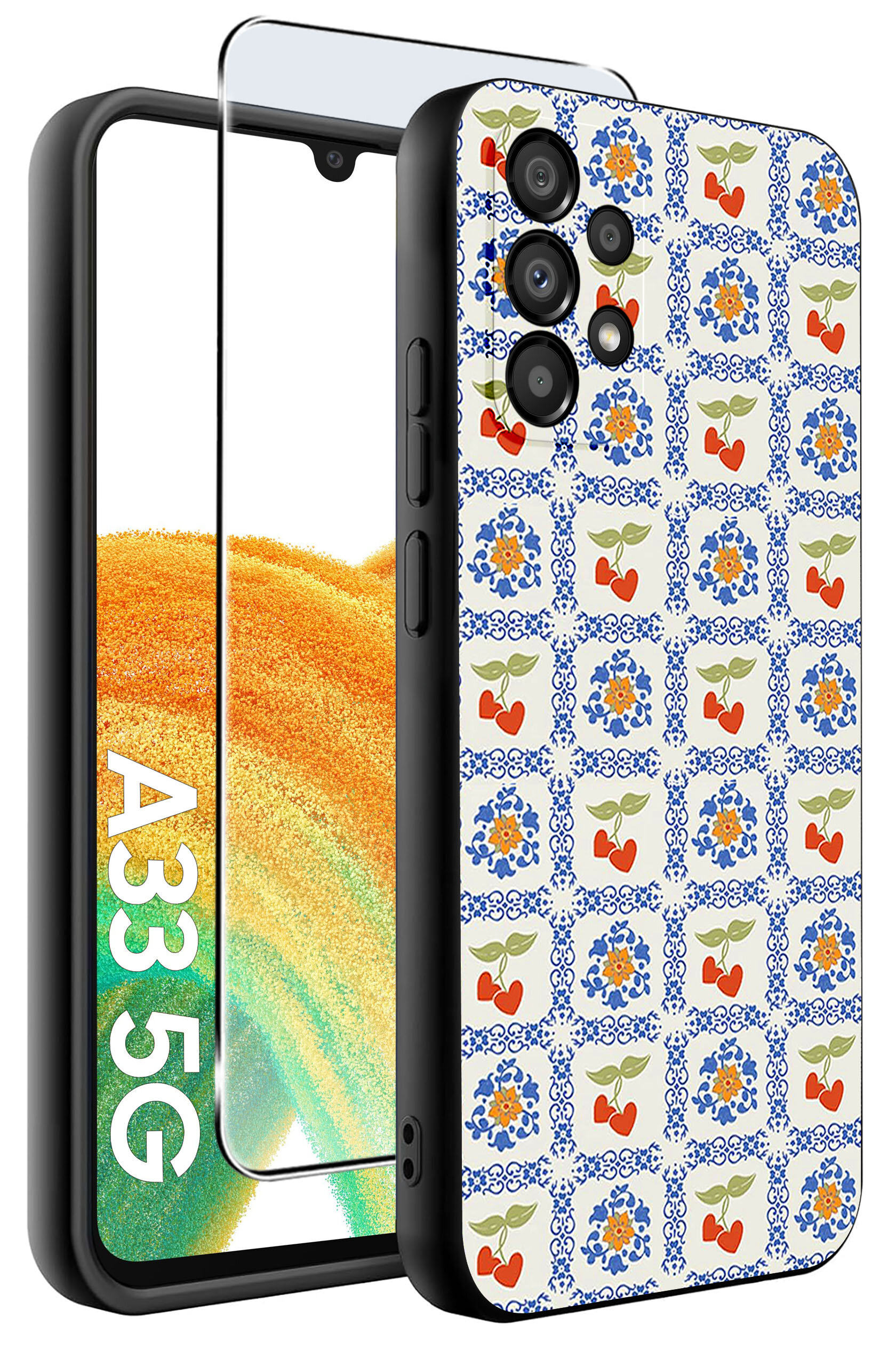 Obraz przedstawia etui na telefon z wzorem w kwiaty i owoce oraz szkło ochronne. Na ekranie telefonu widoczny jest napis \'A33 5G\'.