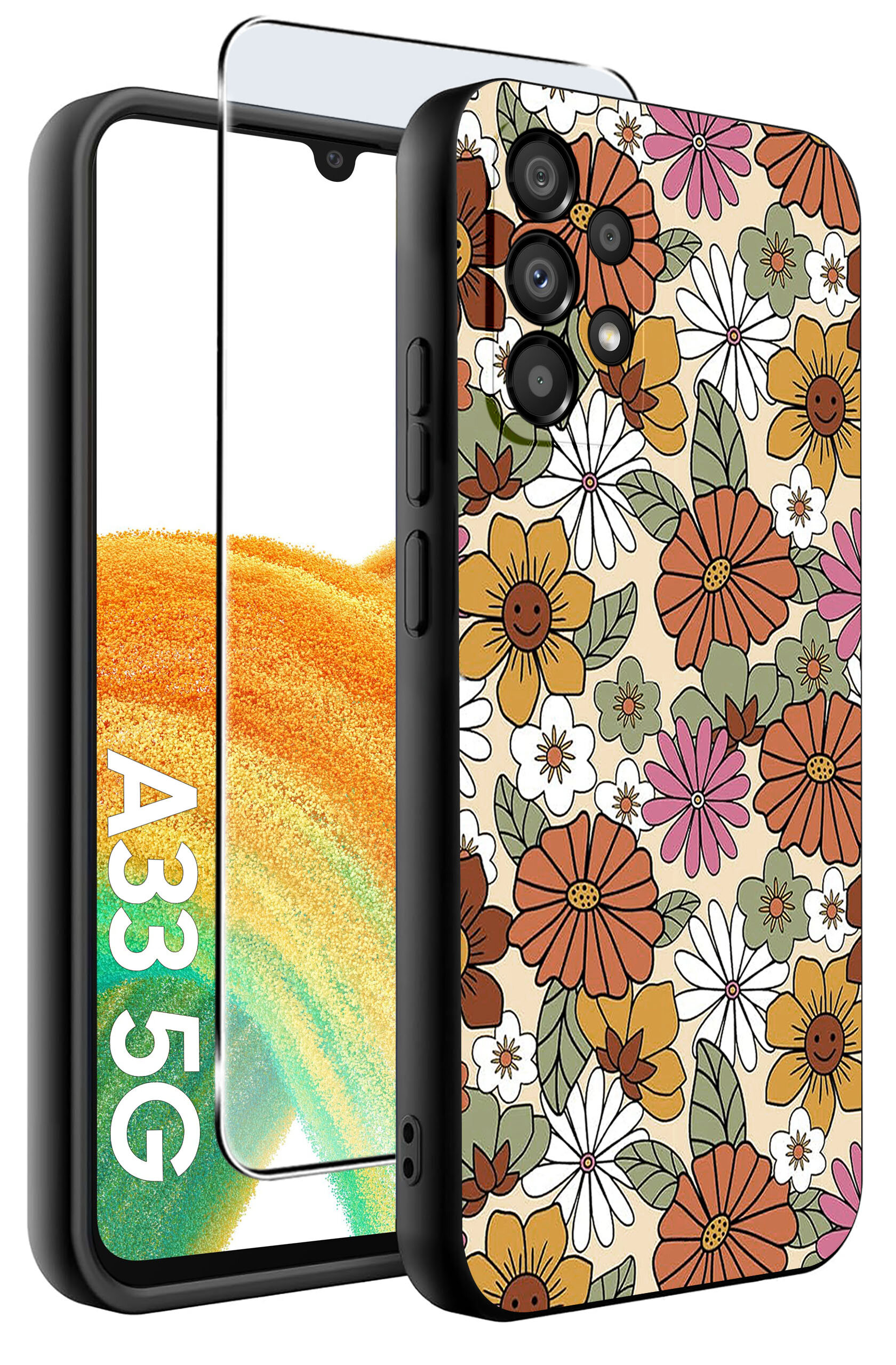 Etui na telefon z kolorowym wzorem kwiatów oraz przezroczyste szkło ochronne. Na ekranie telefonu widoczny jest napis \'A33 5G\'.
