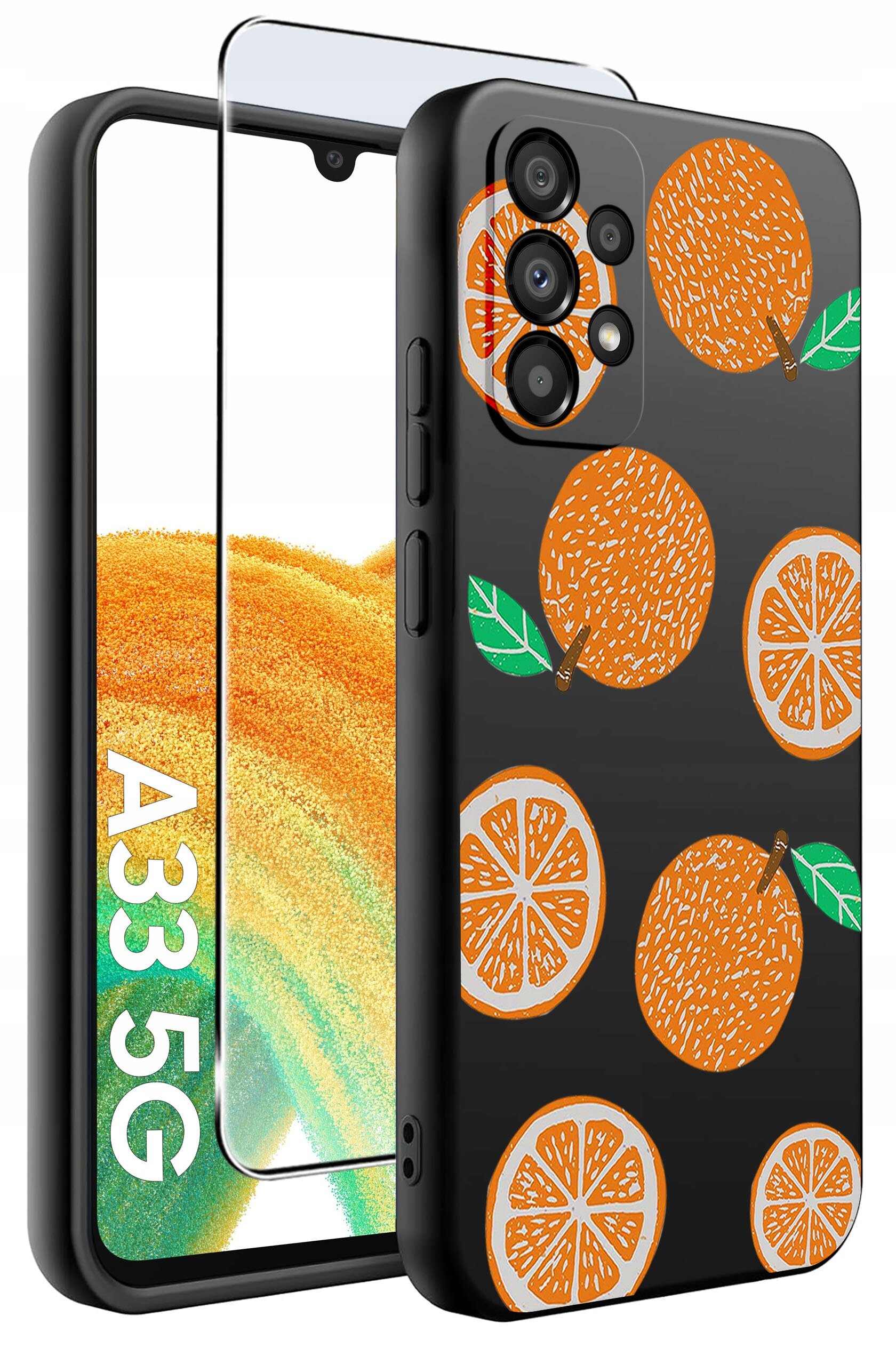 Na obrazie widoczne jest czarne etui z pomarańczowym wzorem owoców oraz szkło ochronne na telefon Samsung Galaxy A33 5G. Na ekranie telefonu widnieje napis \'A33 5G\'.