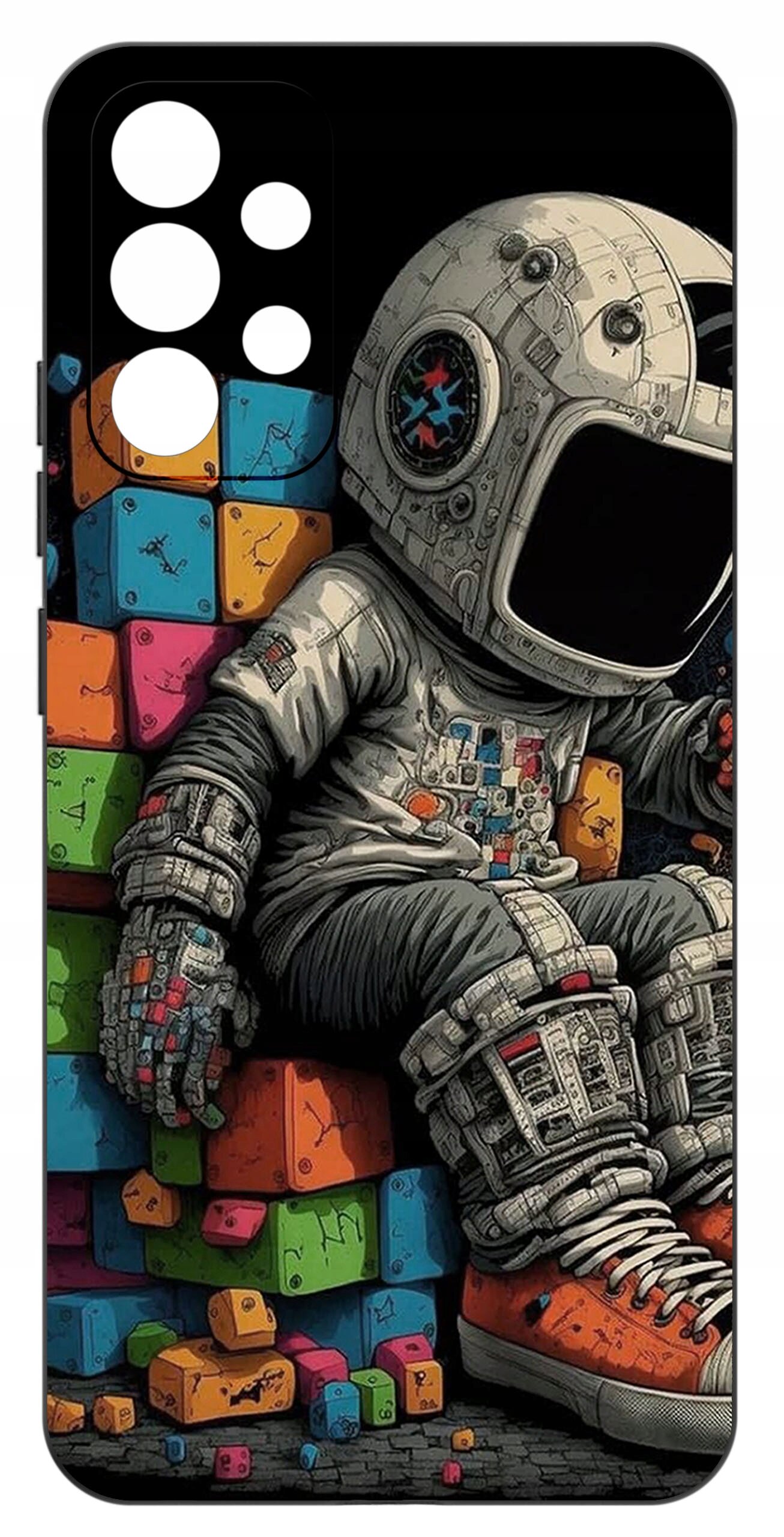 Etui na telefon z kolorowym nadrukiem przedstawiającym astronautę siedzącego na stosie kolorowych klocków. Astronauta ma na sobie szczegółowy skafander i pomarańczowe buty.