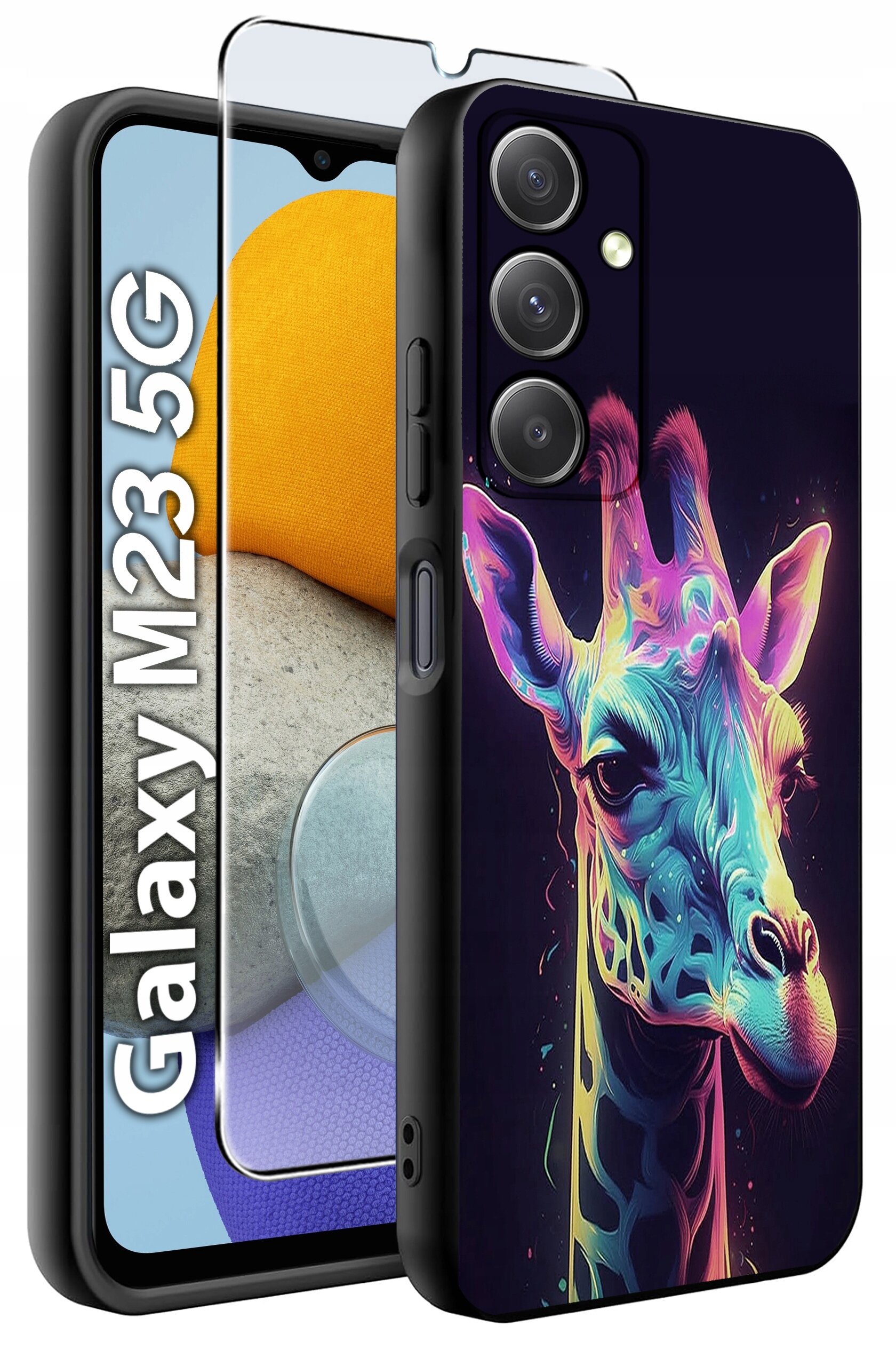 Etui na telefon z kolorowym wzorem żyrafy, obok którego znajduje się szkło ochronne. Na ekranie telefonu widoczny jest napis \'Galaxy M23 5G\'.