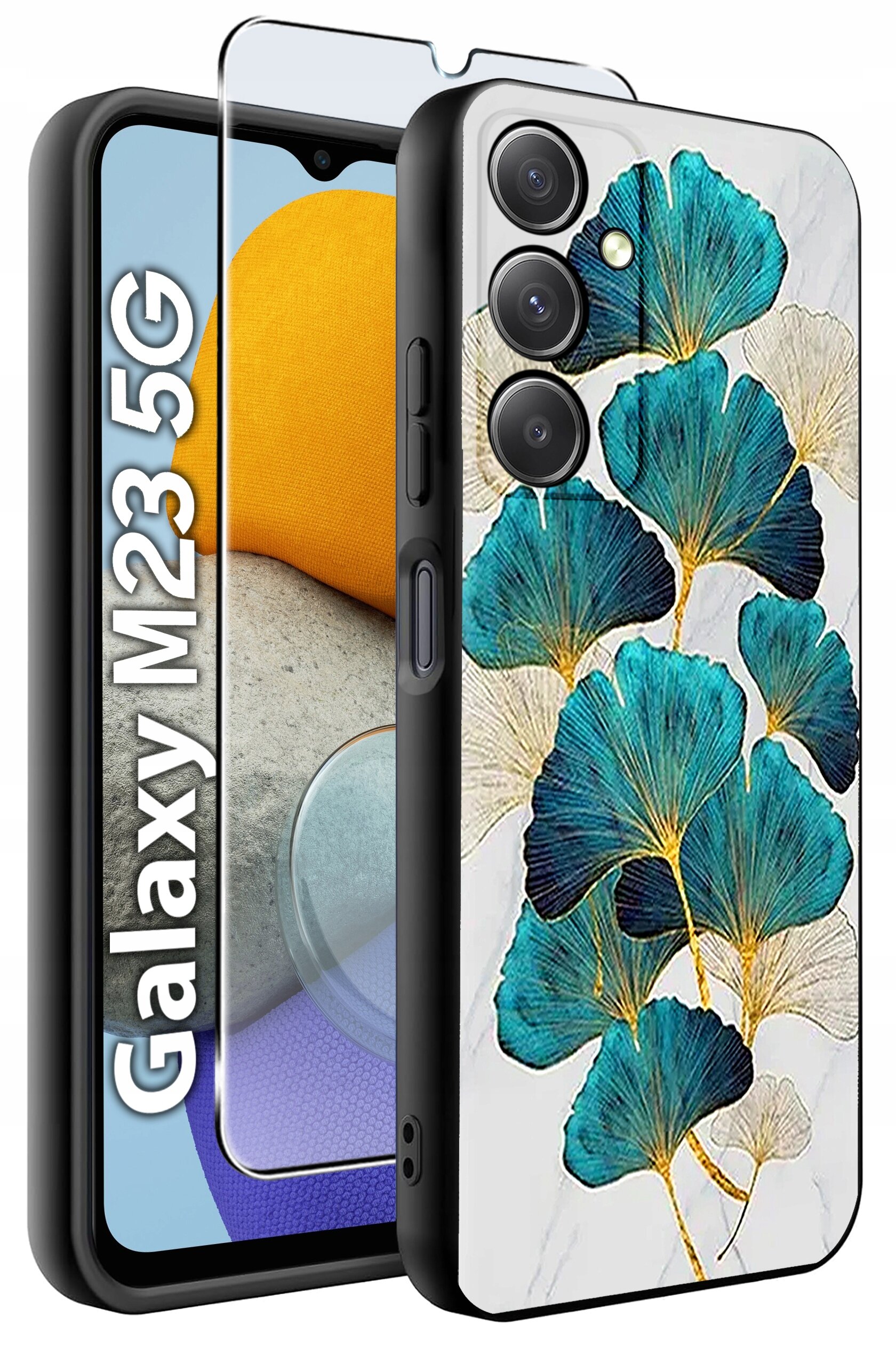 Obraz przedstawia etui na telefon z wzorem niebiesko-zielonych liści na białym tle oraz szkło ochronne. Obok widoczny jest telefon z napisem \'Galaxy M23 5G\'.