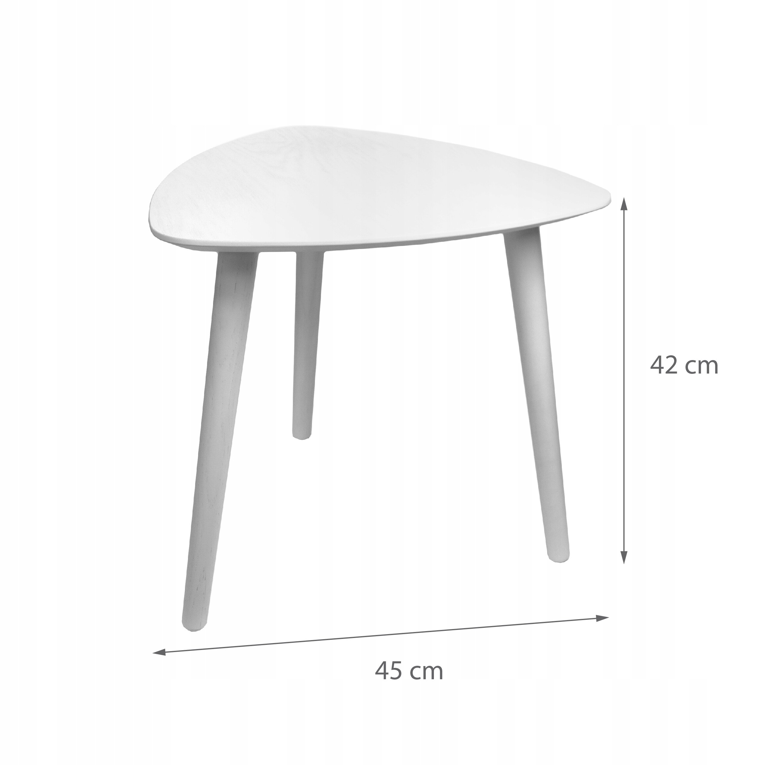 Biały stół o trójkątnym blacie z trzema nogami, o wymiarach 45 cm szerokości i 42 cm wysokości.