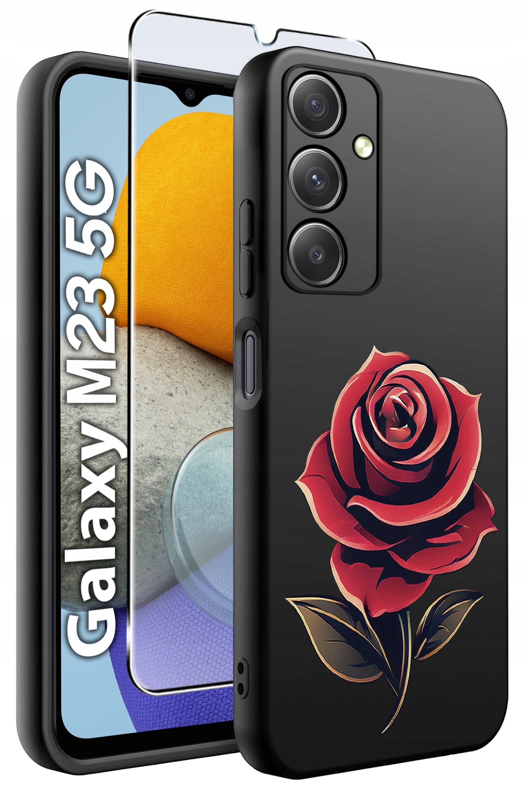 Obraz przedstawia czarne etui na telefon z nadrukiem czerwonej róży oraz szkło ochronne. Obok widoczny jest telefon z napisem \'Galaxy M23 5G\'.