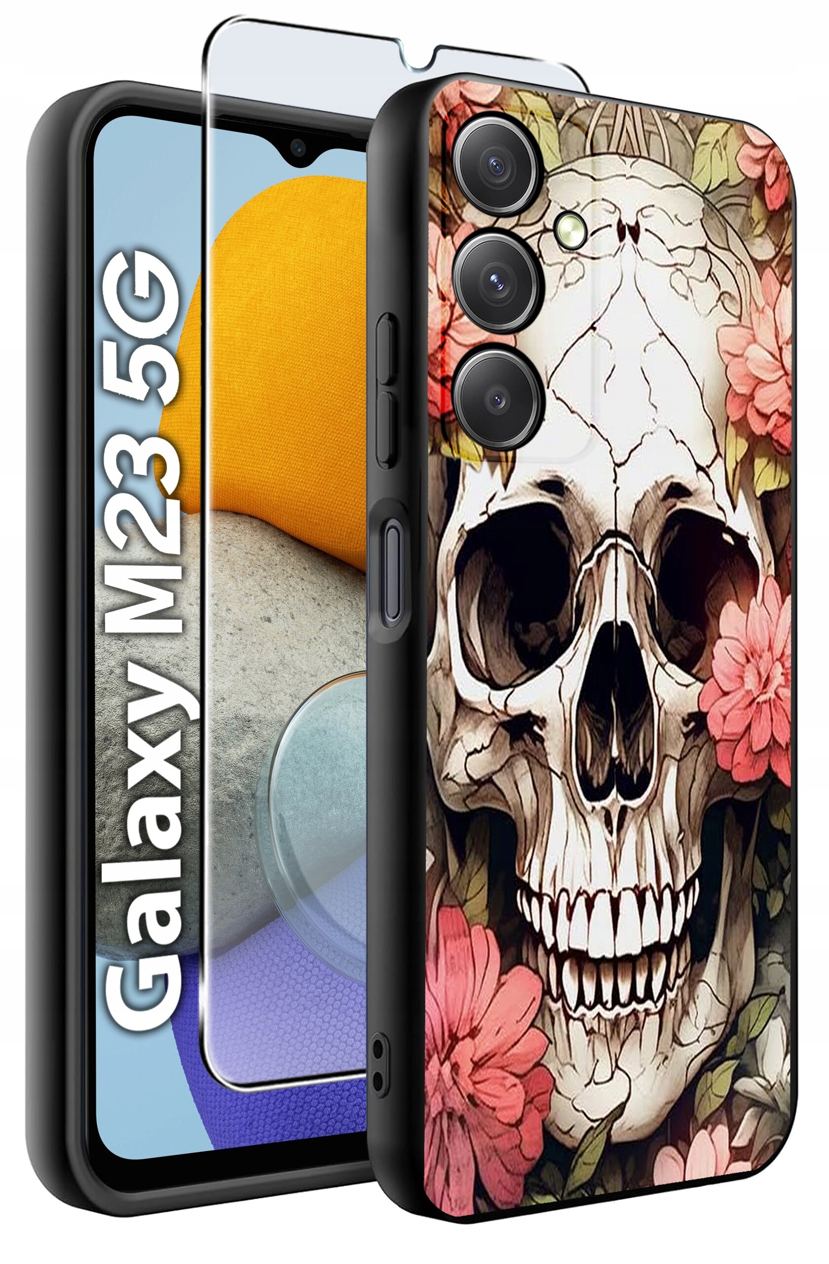 Obraz przedstawia etui na telefon z motywem czaszki otoczonej kwiatami oraz szkło ochronne. Na ekranie telefonu widoczny jest napis \'Galaxy M23 5G\'.