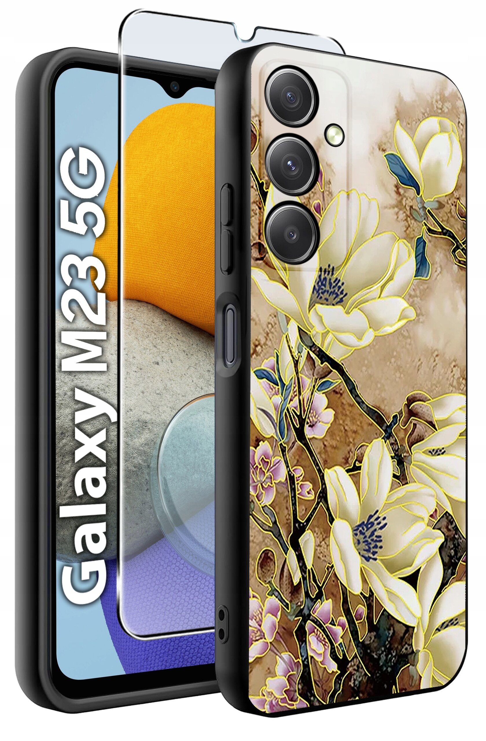 Obraz przedstawia etui na telefon z kwiatowym wzorem oraz szkło ochronne. Na ekranie telefonu widoczny jest napis \'Galaxy M23 5G\'.