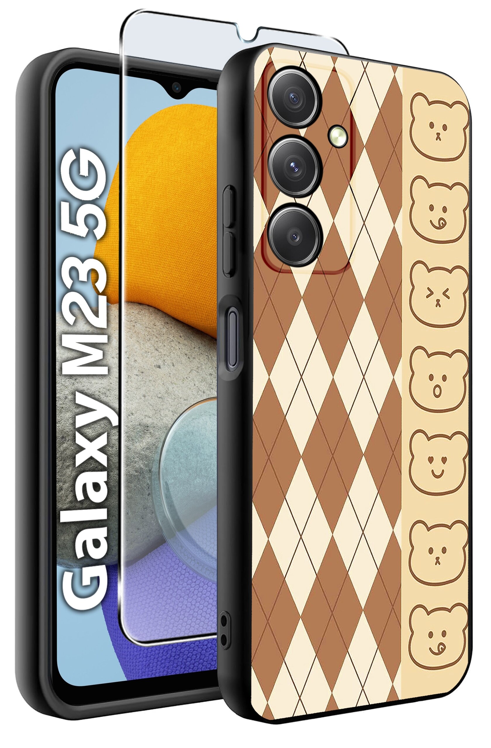 Etui na telefon z wzorem w romby i rysunkami misiów, obok szkło ochronne. Na ekranie telefonu widoczny napis \'Galaxy M23 5G\'.