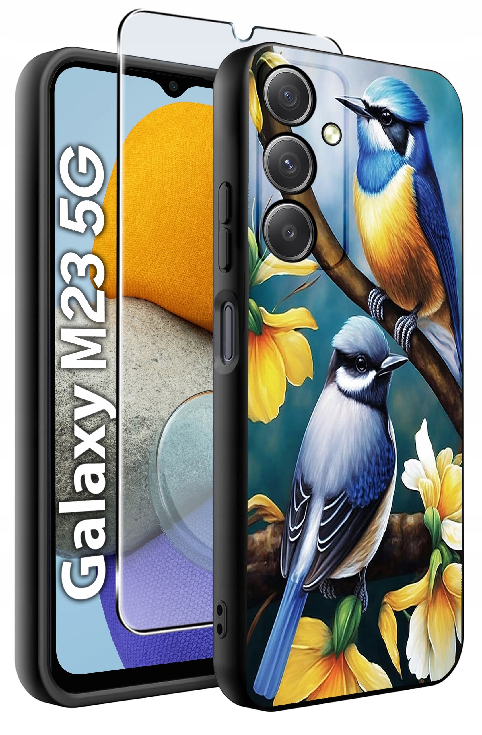 Etui na telefon z kolorowym wzorem ptaków siedzących na gałęzi z kwiatami. Obok znajduje się szkło ochronne z napisem \'Galaxy M23 5G\'.