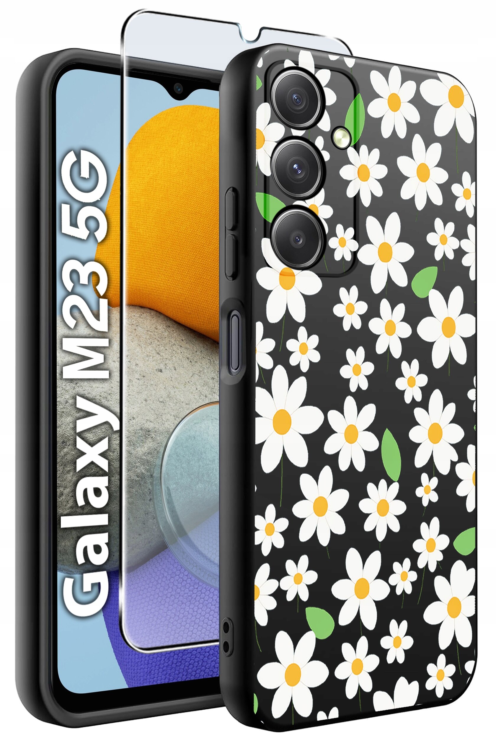 Obraz przedstawia etui na telefon z wzorem białych kwiatów na czarnym tle oraz szkło ochronne. Na ekranie telefonu widoczny jest napis \'Galaxy M23 5G\'.