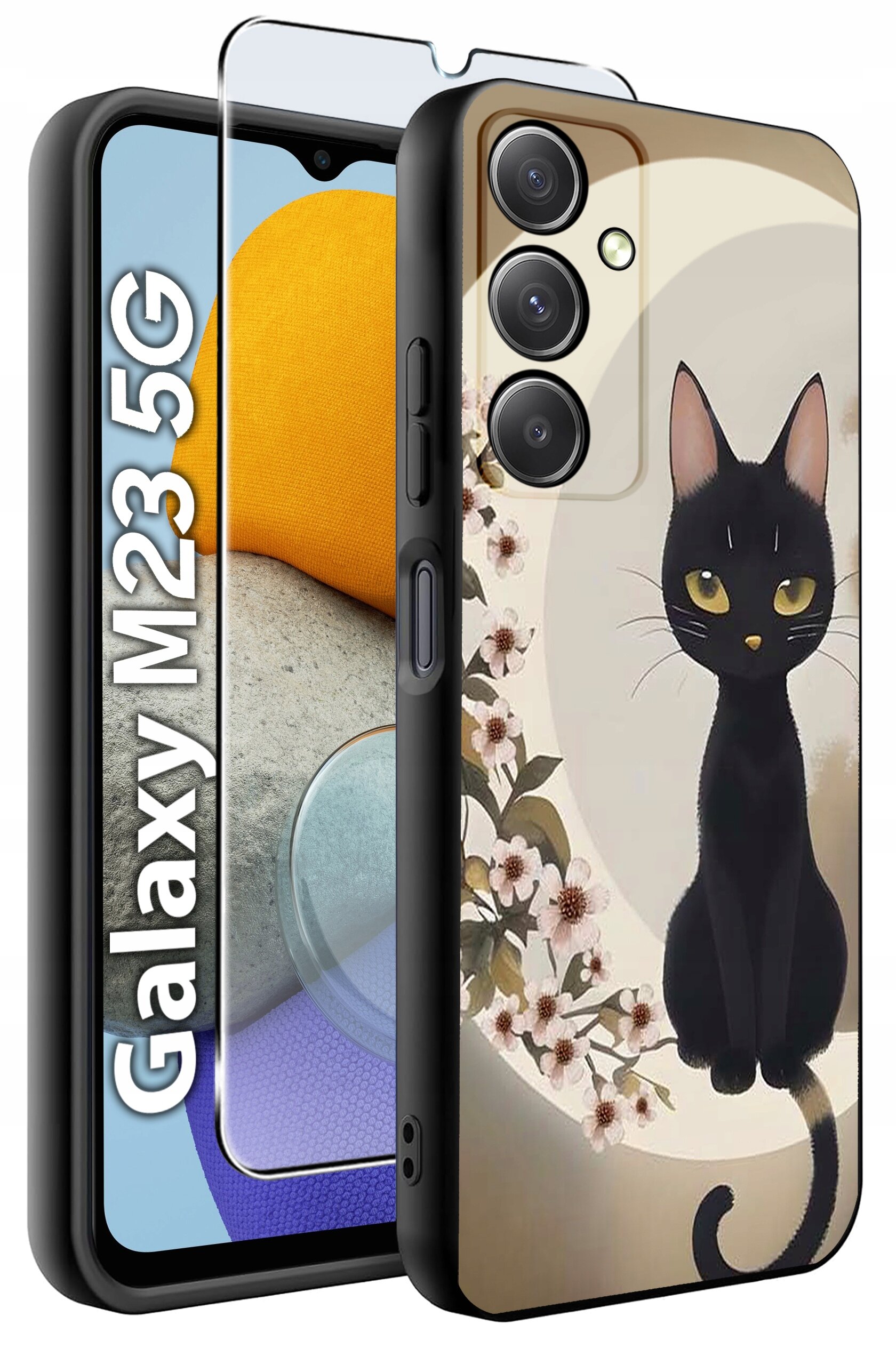 Etui na telefon z nadrukiem czarnego kota i kwiatów, obok którego znajduje się szkło ochronne. Widoczny napis: \'Galaxy M23 5G\'.