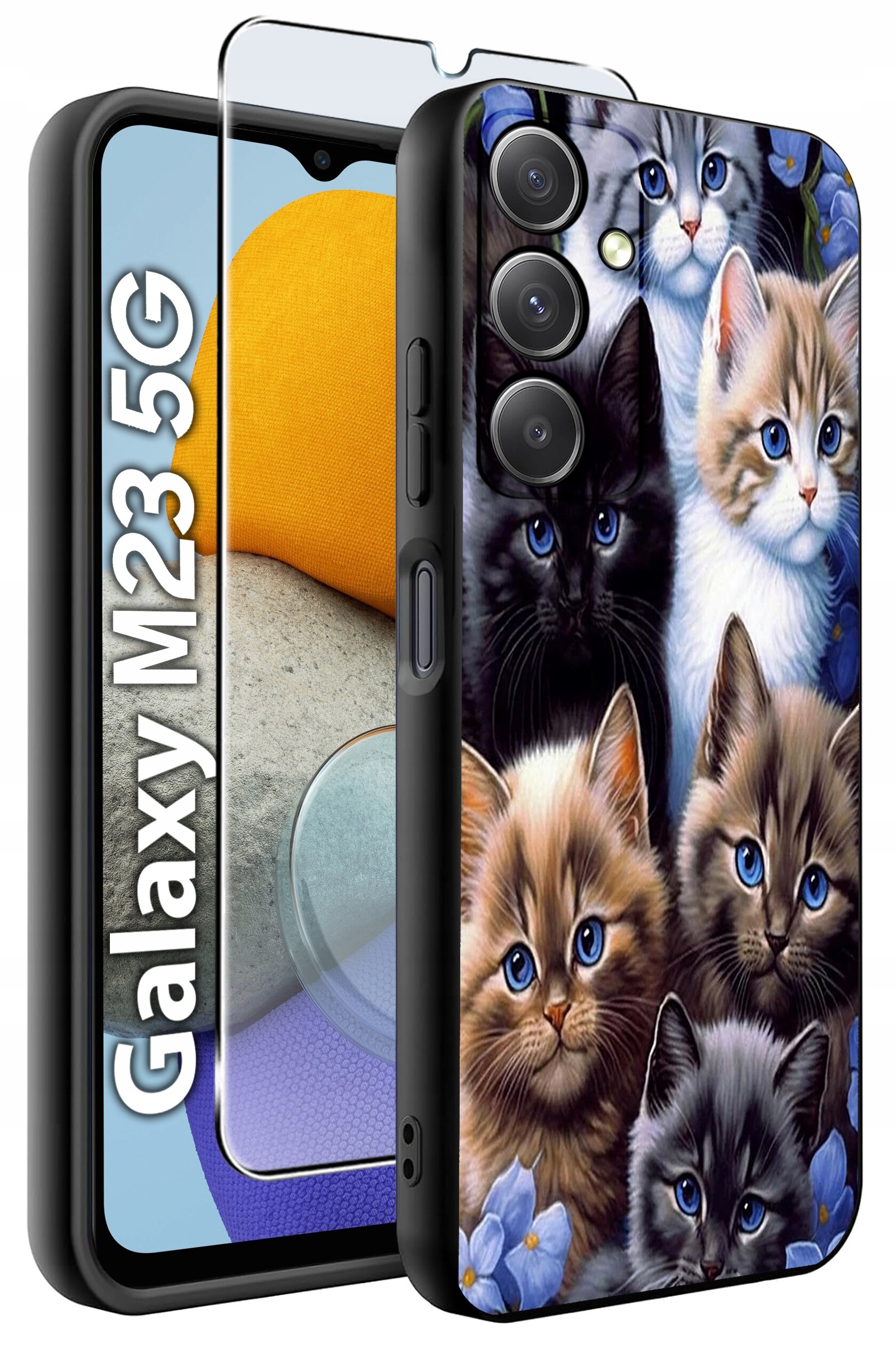 Etui na telefon z nadrukiem przedstawiającym kilka kotów oraz szkło ochronne na ekran. Na ekranie telefonu widoczny jest napis \'Galaxy M23 5G\'.