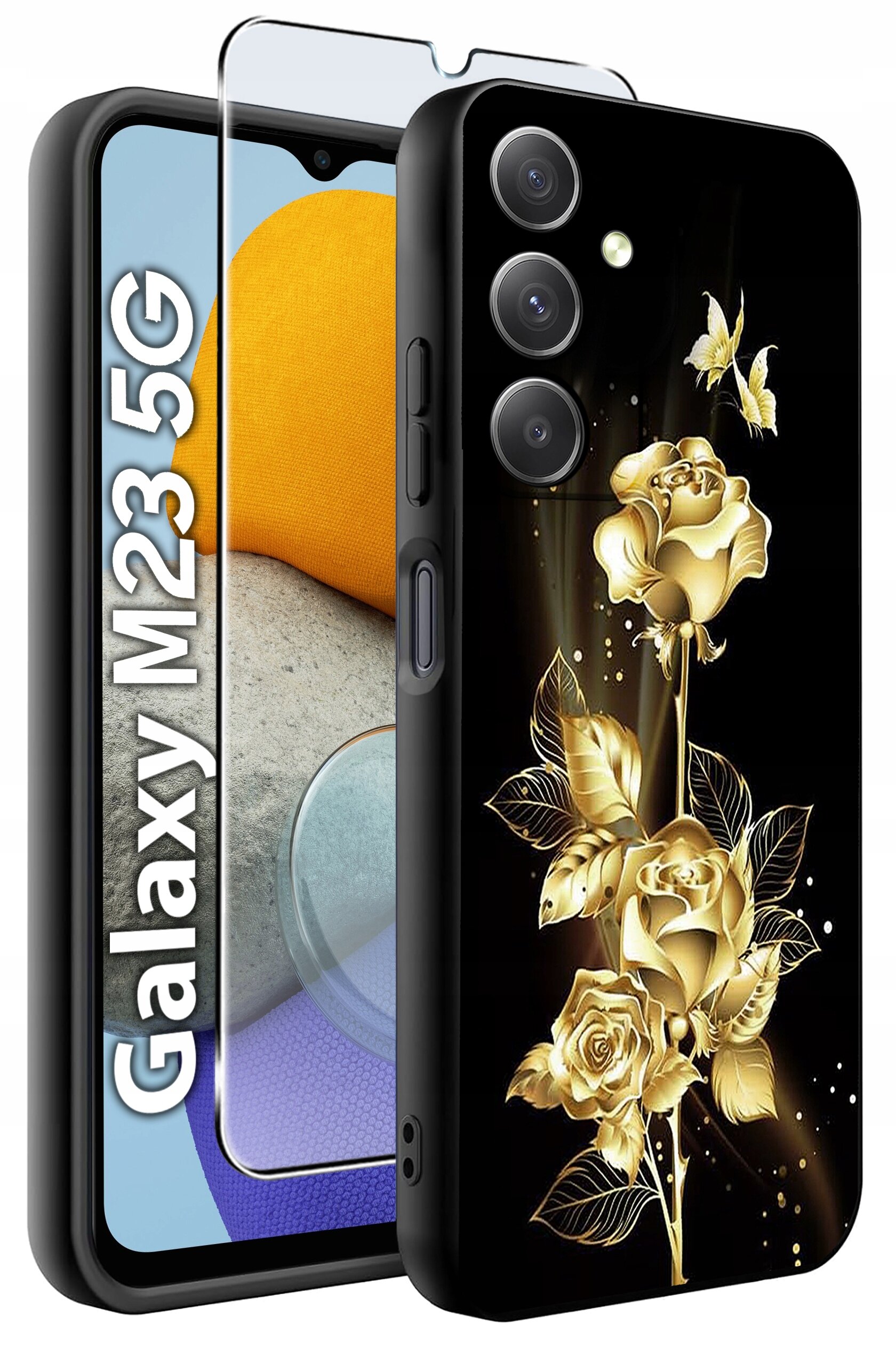 Obraz przedstawia etui na telefon z wzorem złotych róż i motyli na czarnym tle. Obok widoczny jest napis \'Galaxy M23 5G\' oraz szkło ochronne na ekran.