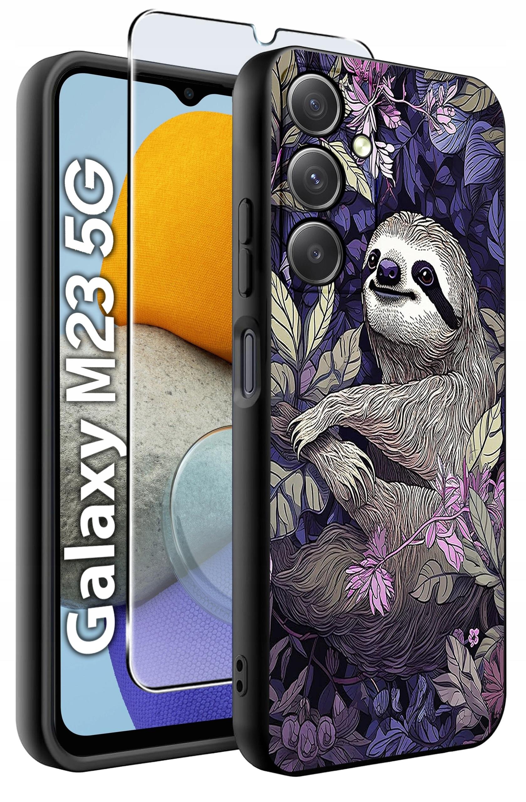 Obraz przedstawia etui na telefon z motywem leniwca otoczonego liśćmi i kwiatami. Obok widoczny jest napis \'Galaxy M23 5G\' oraz szkło ochronne na ekran.