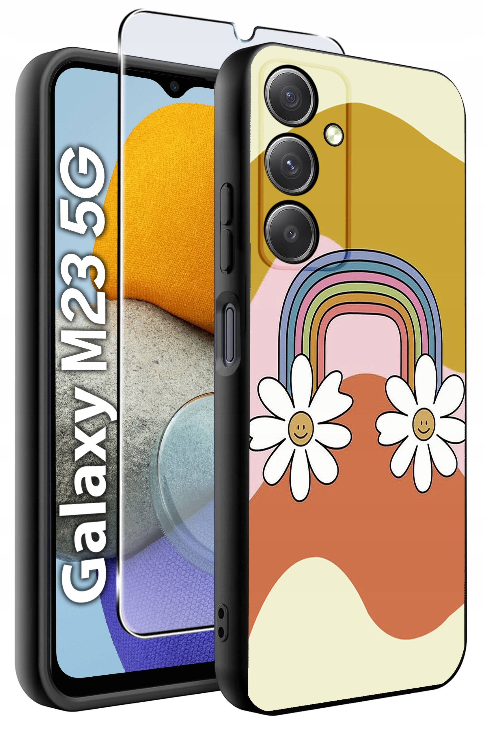 Etui na telefon z kolorowym wzorem tęczy i dwoma kwiatami z uśmiechniętymi buźkami. Obok widoczny jest napis \'Galaxy M23 5G\' oraz szkło ochronne na ekran.