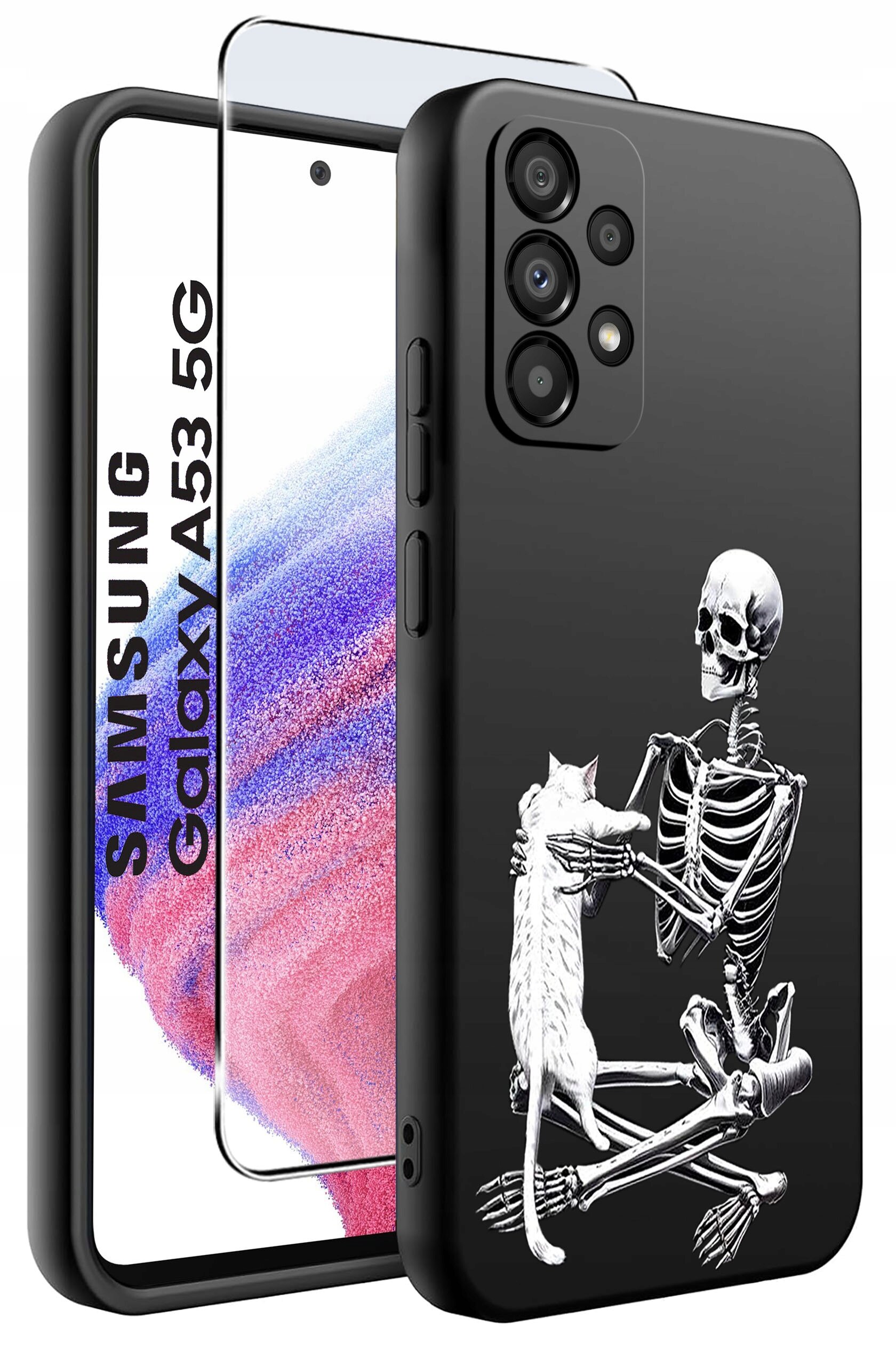 Czarne etui na telefon z nadrukiem szkieletu trzymającego kota. Obok widoczna jest szybka ochronna oraz napis \'SAMSUNG Galaxy A53 5G\'.