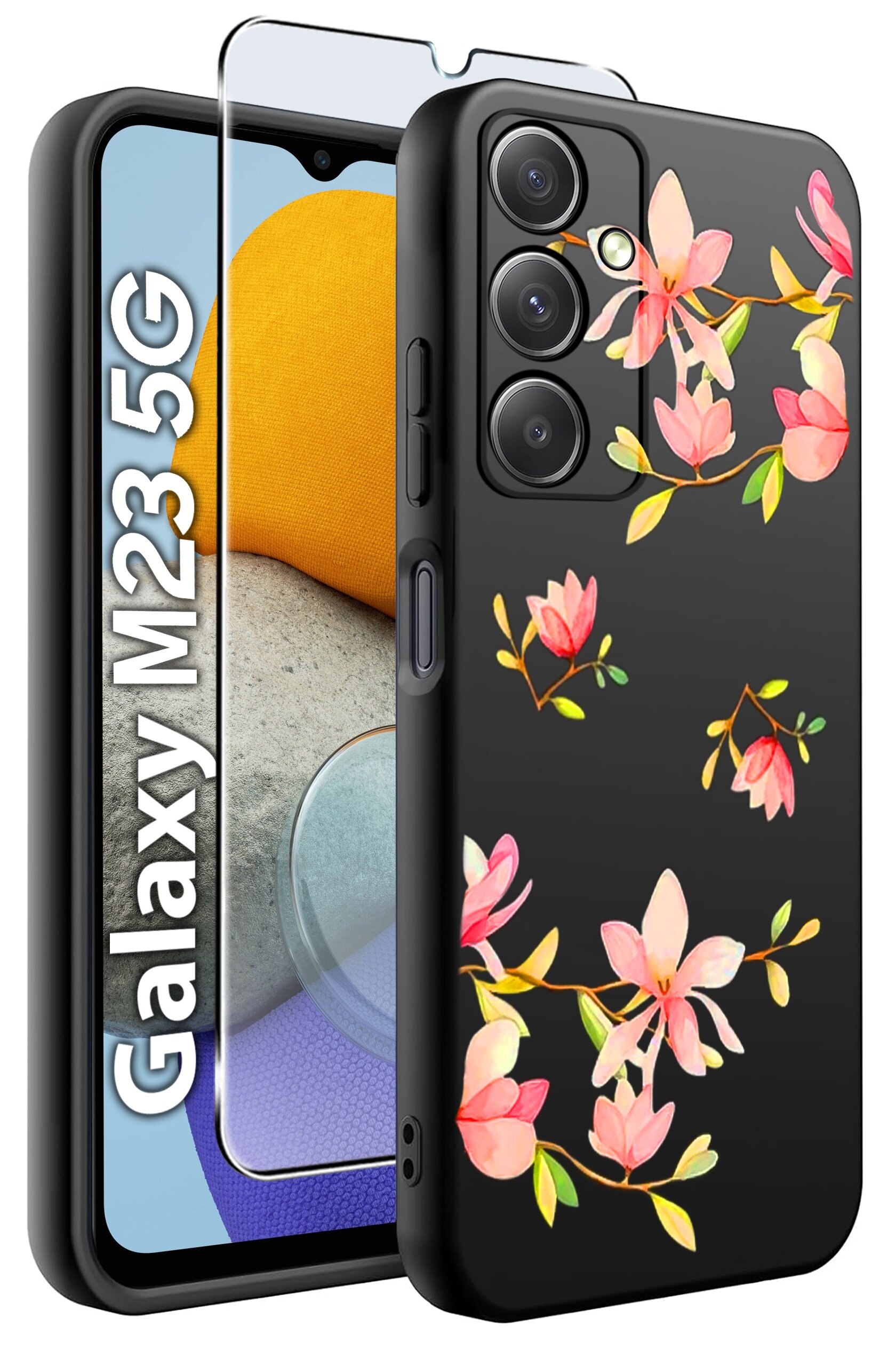 Obraz przedstawia czarne etui na telefon z kolorowym wzorem kwiatowym oraz szkło ochronne. Na ekranie telefonu widoczny jest napis \'Galaxy M23 5G\'.