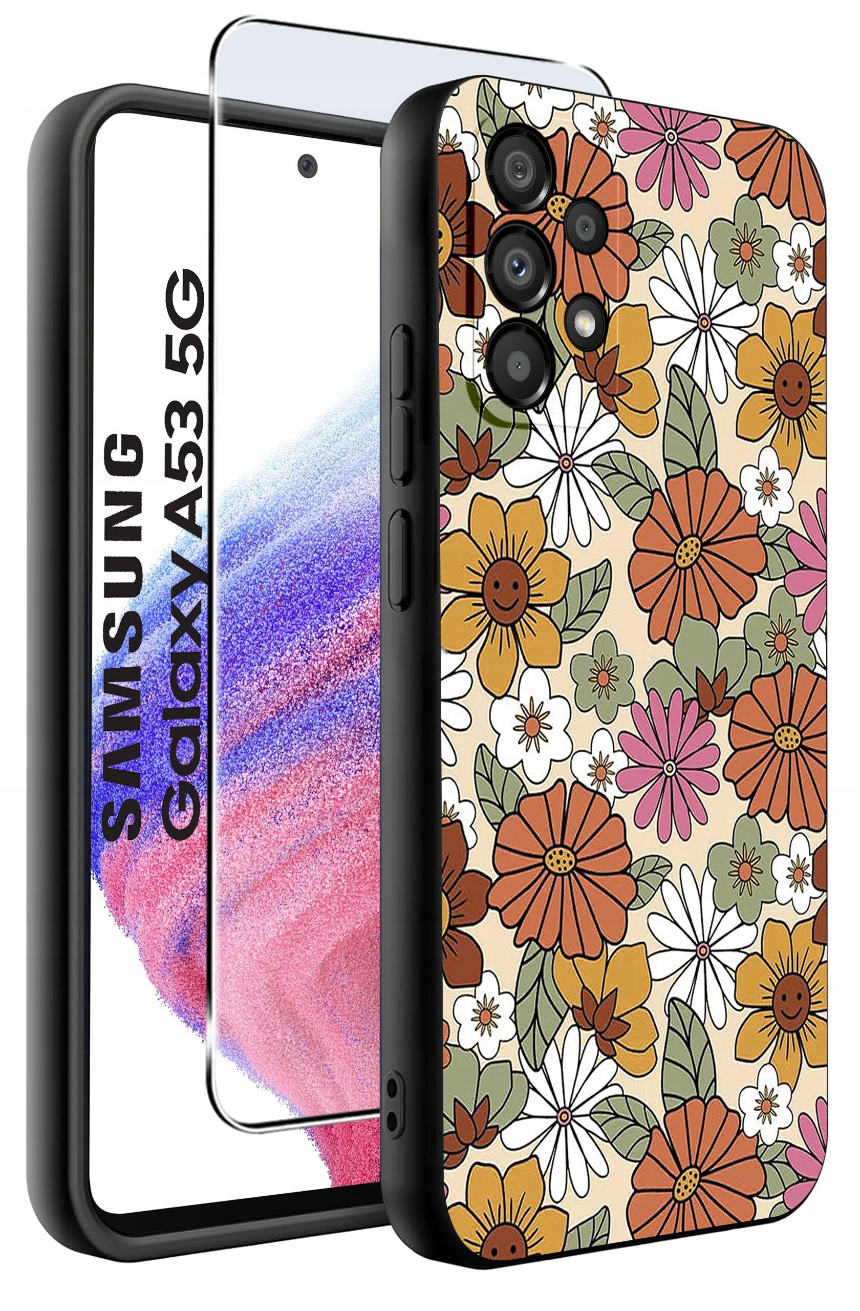 Obraz przedstawia etui na telefon z kolorowym wzorem kwiatów oraz szkło ochronne. Na ekranie telefonu widoczny jest tekst: \'SAMSUNG Galaxy A53 5G\'.