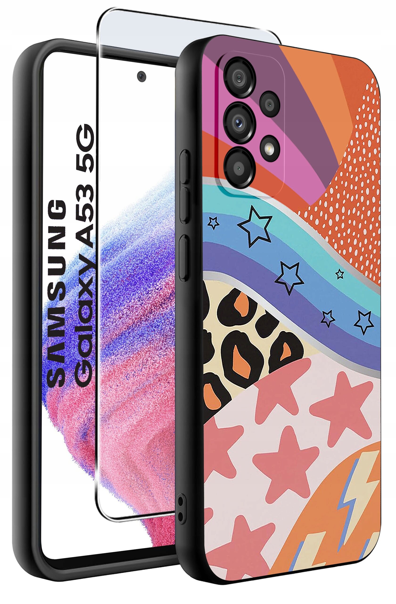 Obraz przedstawia kolorowe etui na telefon z wzorami gwiazd, pasków i plam, obok którego znajduje się szkło ochronne z napisem \'SAMSUNG Galaxy A53 5G\'.