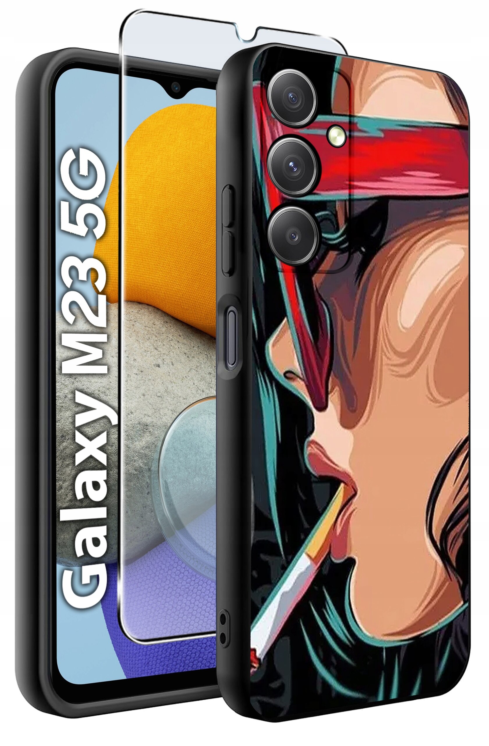 Obraz przedstawia etui na telefon z kolorowym wzorem przedstawiającym osobę z papierosem oraz szkło ochronne. Na ekranie telefonu widoczny jest napis \'Galaxy M23 5G\'.