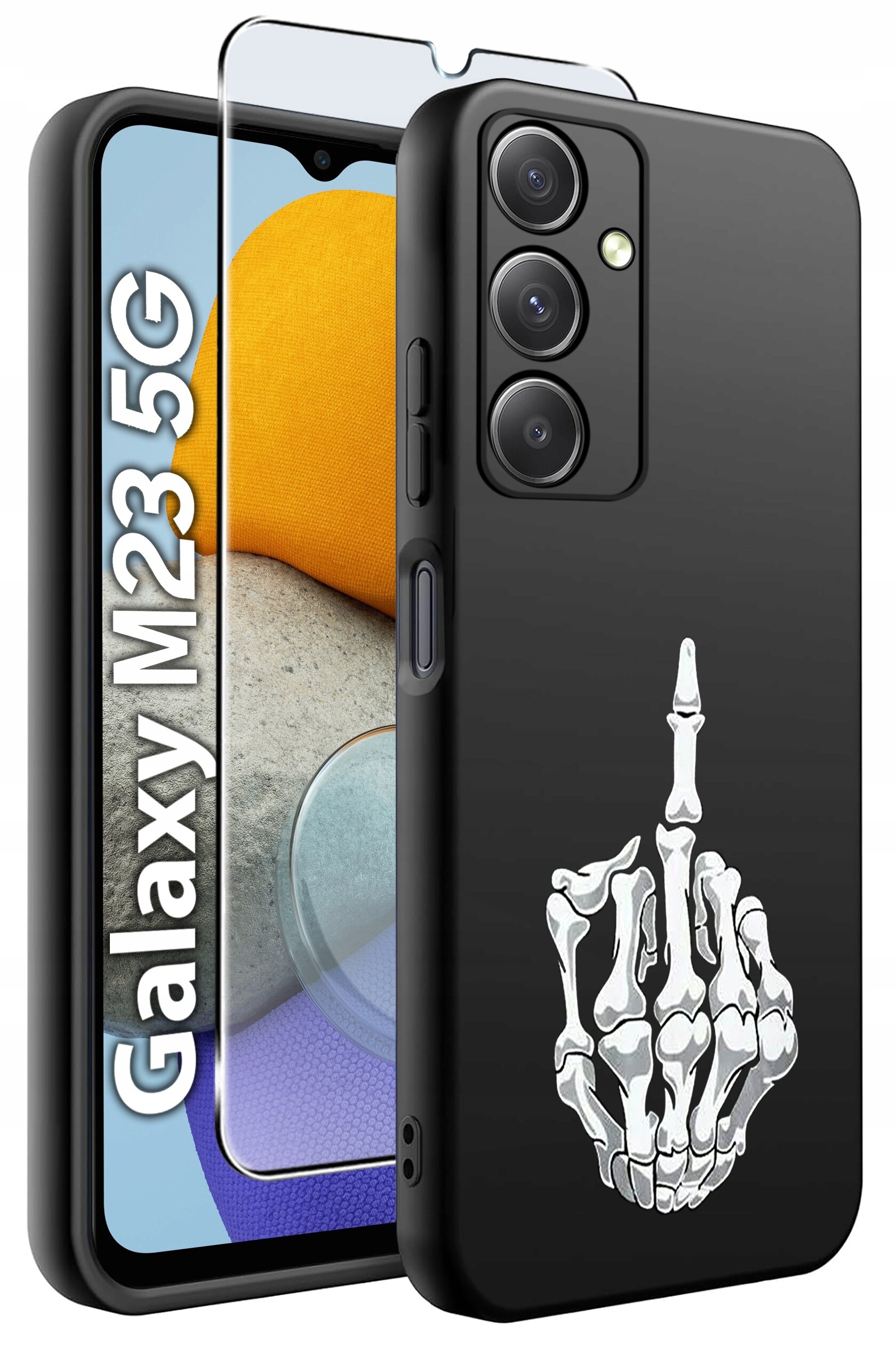 Obraz przedstawia czarne etui na telefon z nadrukiem białego szkieletu dłoni. Obok etui znajduje się telefon z widocznym napisem \'Galaxy M23 5G\'.