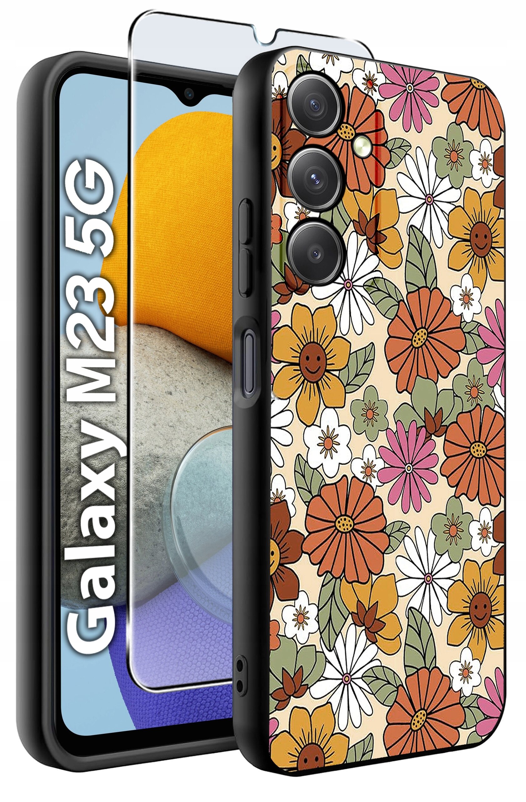 Etui na telefon z kolorowym wzorem kwiatów w odcieniach pomarańczowego, białego i różowego. Obok etui widoczny jest napis \'Galaxy M23 5G\' oraz szkło ochronne na ekran.