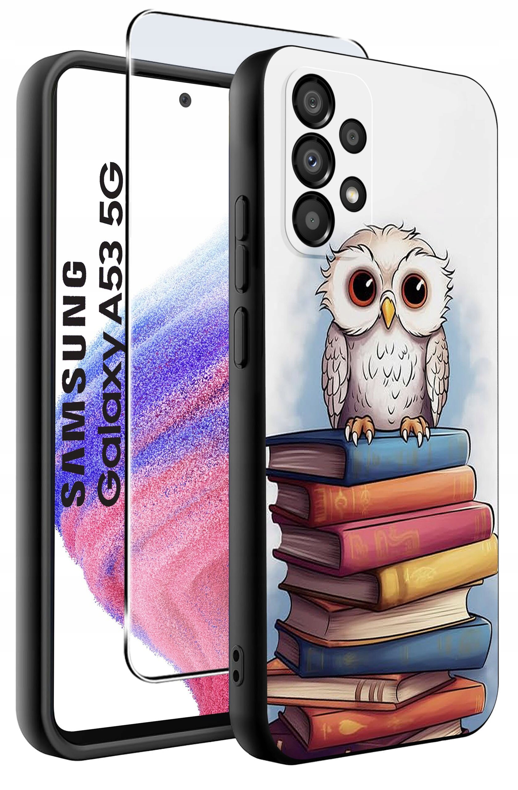 Etui na telefon z nadrukiem sowy siedzącej na stosie książek. Obok widoczne jest szkło ochronne z napisem \'SAMSUNG Galaxy A53 5G\'.