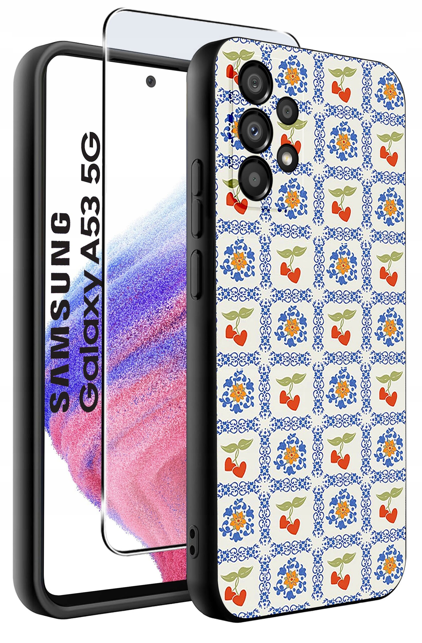Obraz przedstawia etui na telefon z kolorowym wzorem kwiatowym oraz szkło ochronne. Na ekranie telefonu widoczny jest napis \'SAMSUNG Galaxy A53 5G\'.