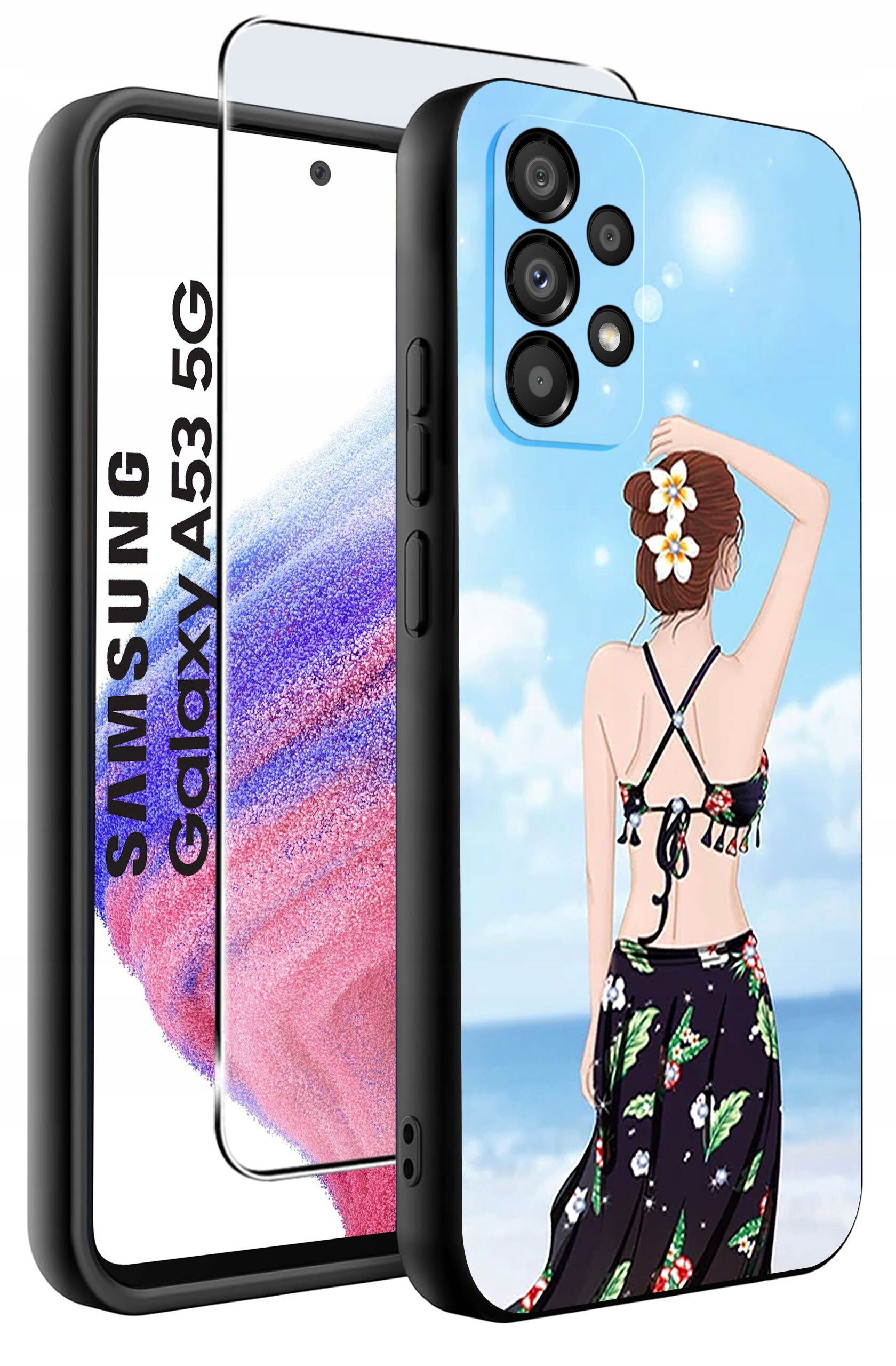 Obraz przedstawia etui na telefon Samsung Galaxy A53 5G z nadrukiem kobiety w letniej sukience na tle plaży. Obok etui znajduje się szkło ochronne z napisem \'SAMSUNG Galaxy A53 5G\'.