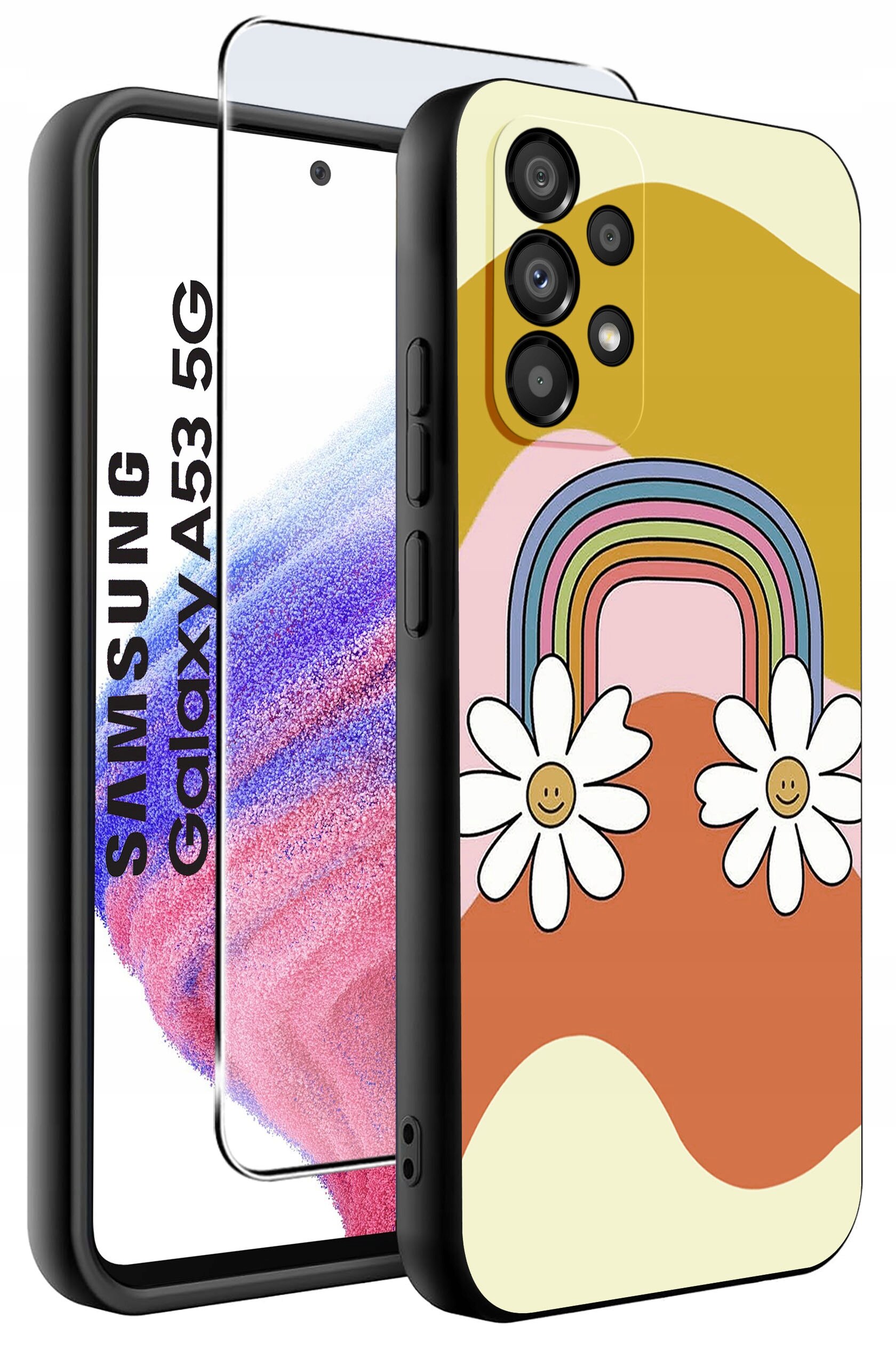 Obraz przedstawia silikonowe etui na telefon Samsung Galaxy A53 5G z kolorowym wzorem tęczy i kwiatów. Obok etui znajduje się szkło ochronne z napisem \'SAMSUNG Galaxy A53 5G\'.