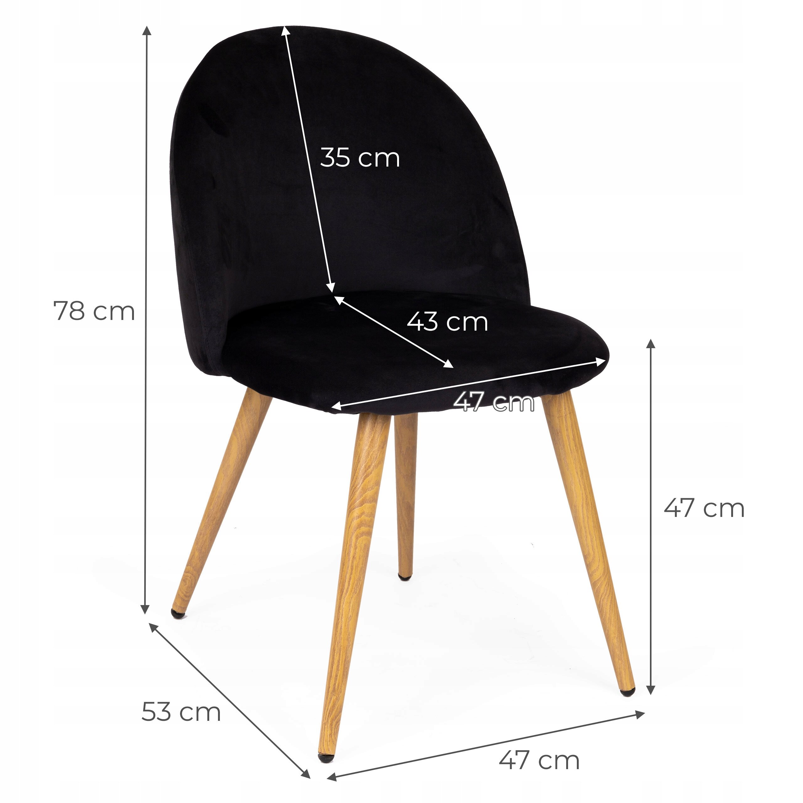 Czarne krzesło tapicerowane z drewnianymi nogami, z wymiarami: wysokość 78 cm, głębokość siedziska 43 cm, szerokość siedziska 47 cm, wysokość siedziska 47 cm, głębokość całkowita 53 cm, wysokość oparcia 35 cm.