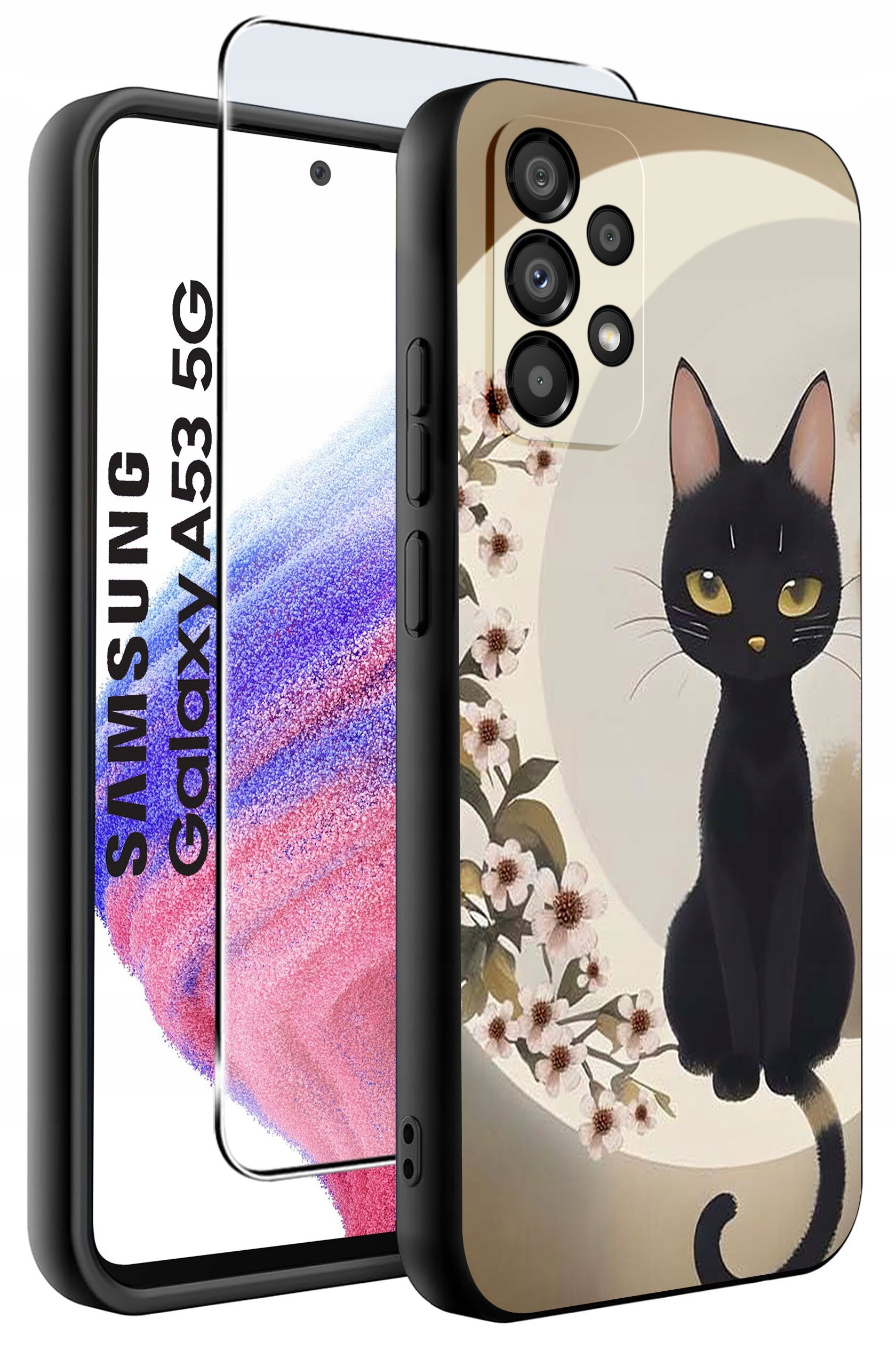 Etui na telefon z nadrukiem czarnego kota siedzącego na tle okręgu z kwiatami. Obok widoczna jest szybka ochronna z napisem \'SAMSUNG Galaxy A53 5G\'.