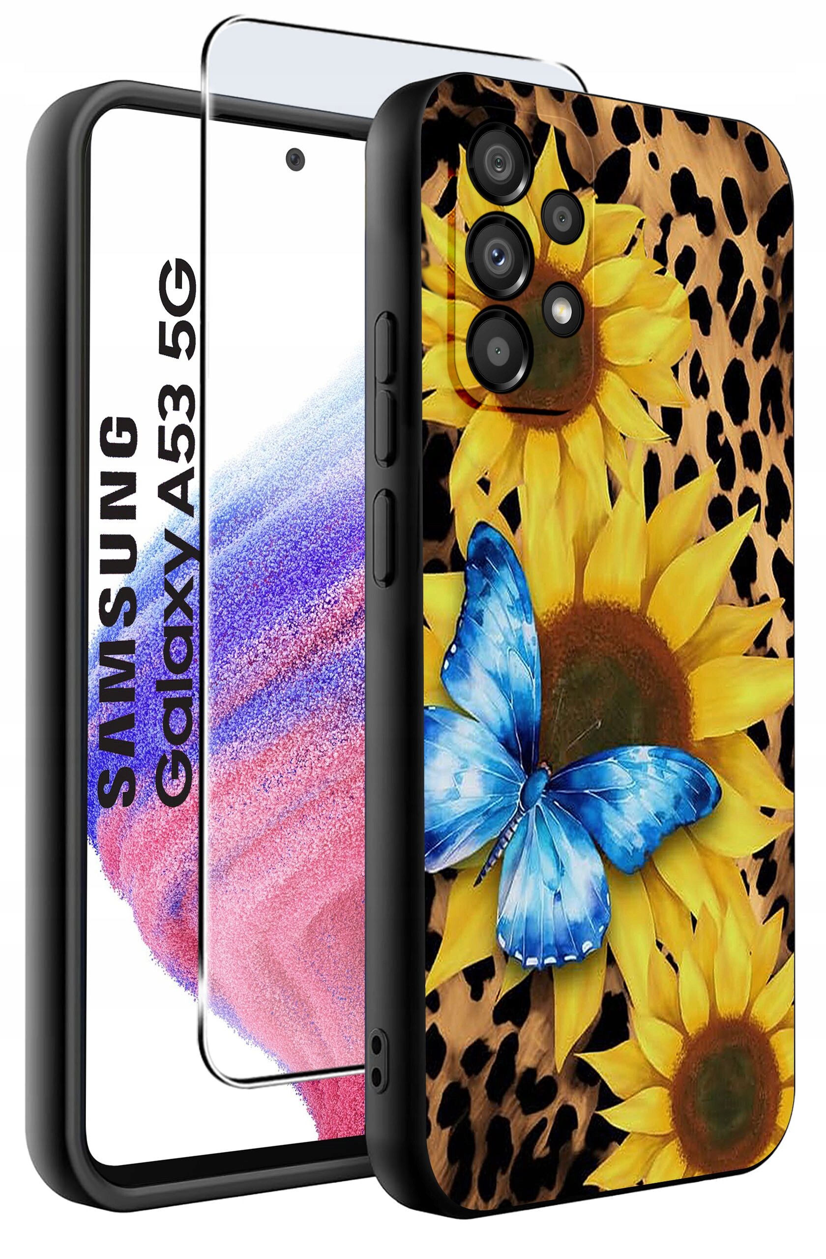 Etui na telefon z motywem słoneczników i niebieskiego motyla na tle w cętki, obok szkło ochronne z napisem \'SAMSUNG Galaxy A53 5G\'.