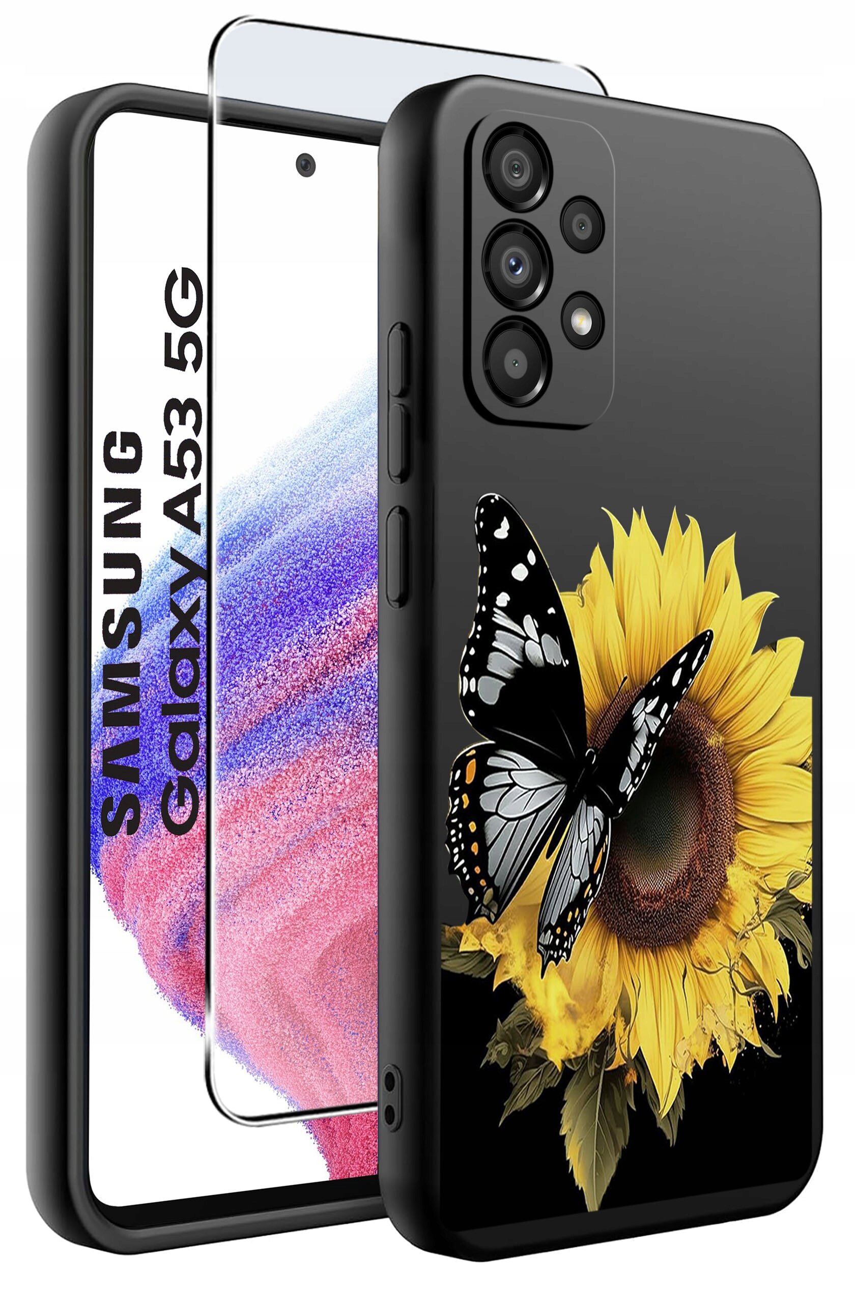 Obraz przedstawia czarne etui na telefon z nadrukiem słonecznika i motyla oraz szkło ochronne. Na szkle widoczny jest napis \'SAMSUNG Galaxy A53 5G\'.