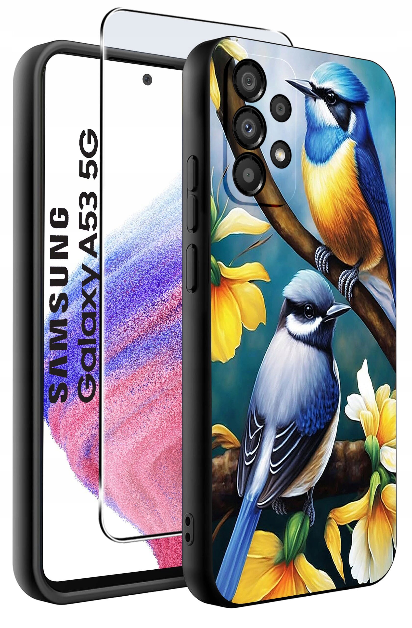 Etui do Samsung Galaxy A53 5G z kolorowym wzorem ptaków na gałęzi oraz szkło ochronne 9H. Na etui widoczne są żółte kwiaty i dwa ptaki w odcieniach niebieskiego i pomarańczowego.