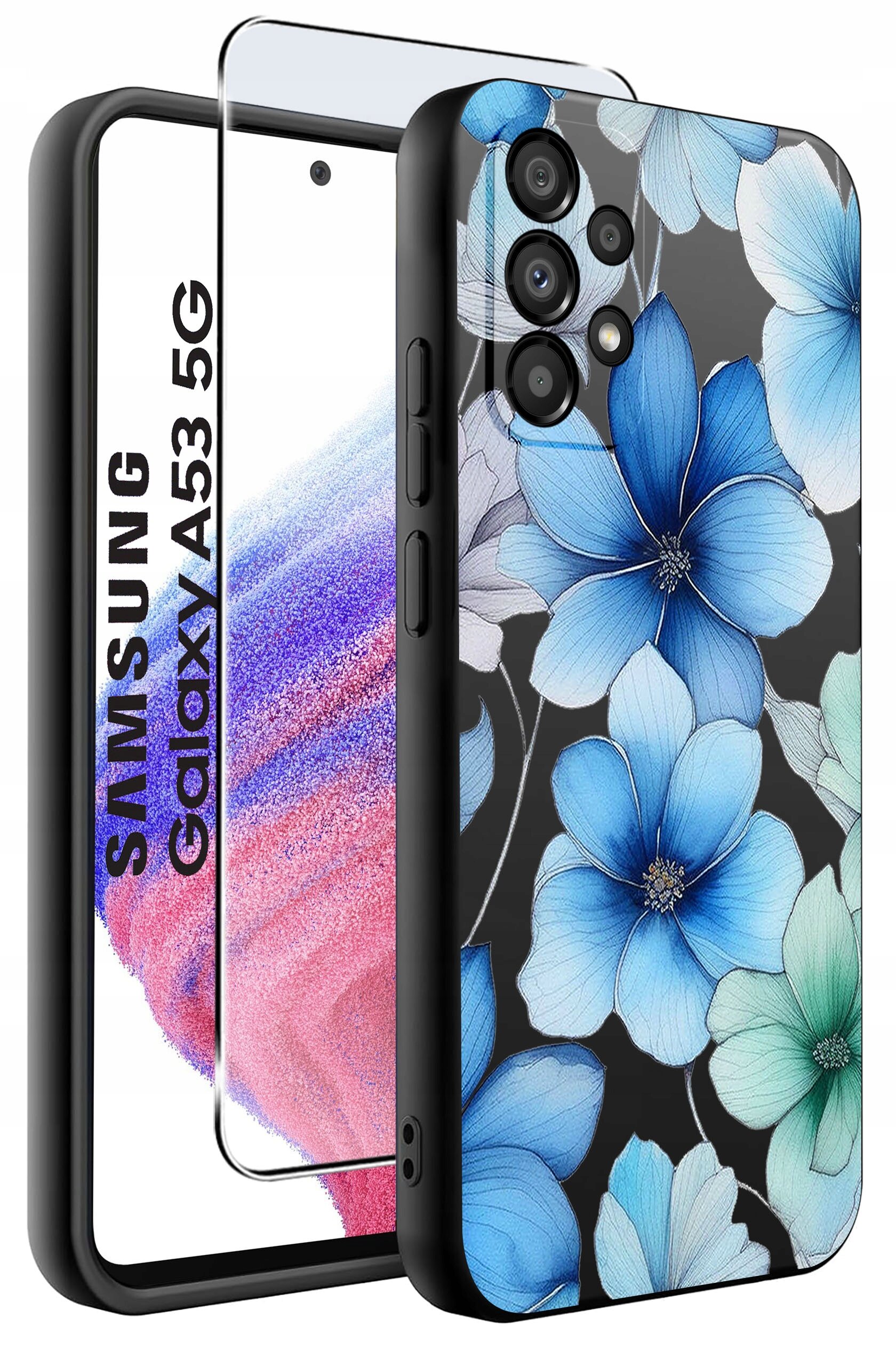 Obraz przedstawia etui na telefon z wzorem niebieskich kwiatów oraz szkło ochronne. Na szkle widoczny jest tekst: \'SAMSUNG Galaxy A53 5G\'.