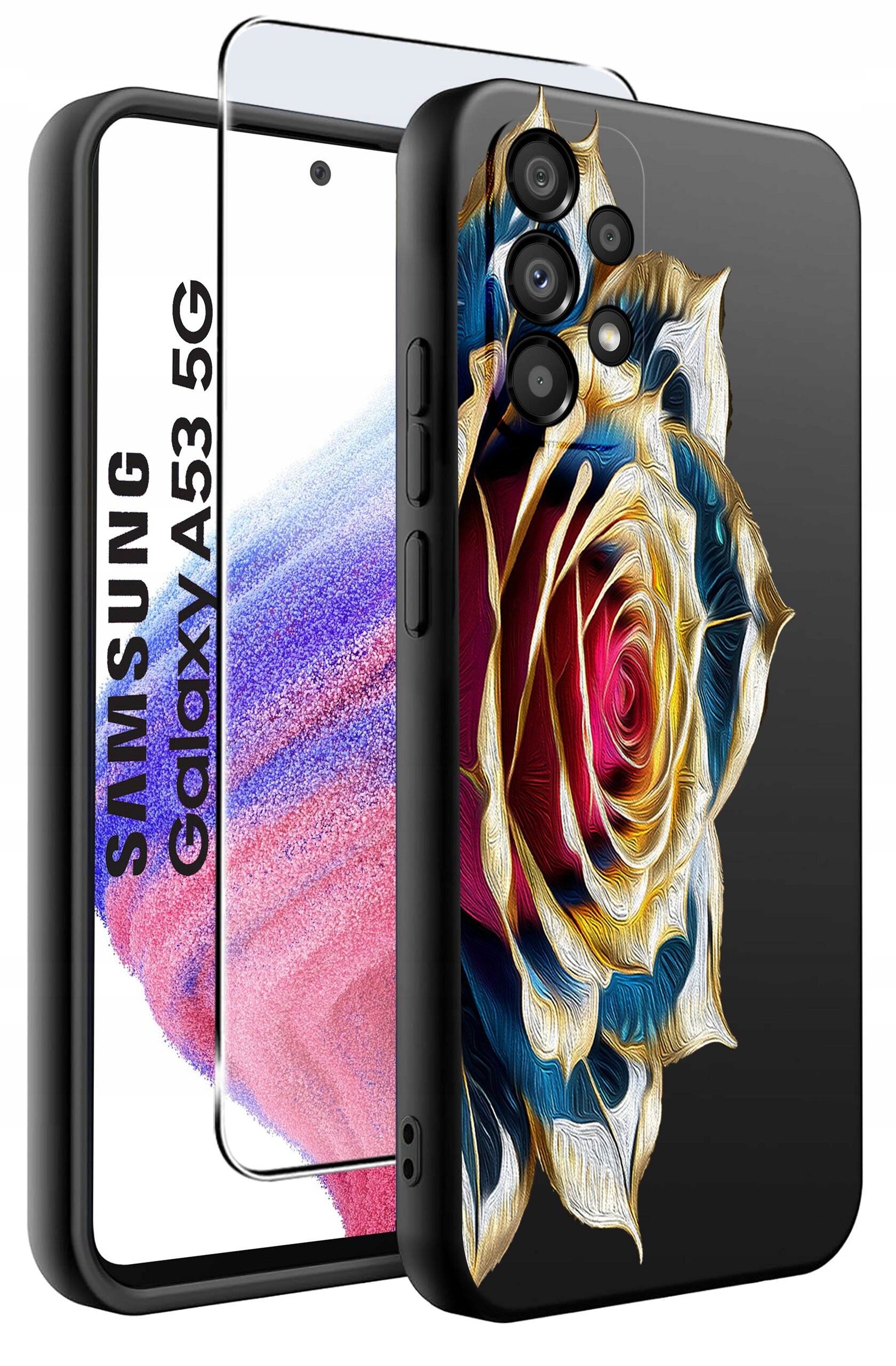 Obraz przedstawia etui na telefon z kolorowym wzorem róży oraz szkło ochronne. Na ekranie telefonu widoczny jest napis \'SAMSUNG Galaxy A53 5G\'.