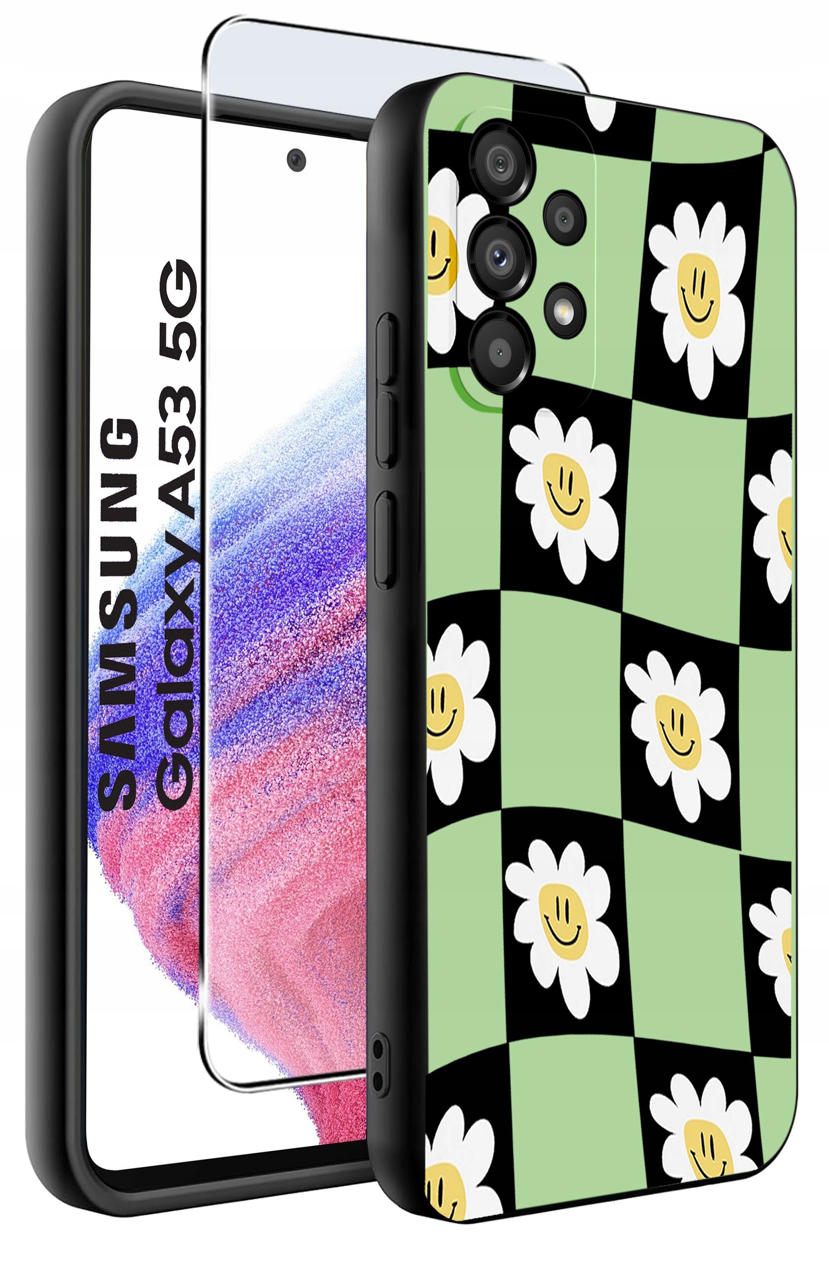 Etui na telefon z wzorem w białe kwiaty na zielono-czarnym tle oraz szkło ochronne. Widoczny napis: \'SAMSUNG Galaxy A53 5G\'.