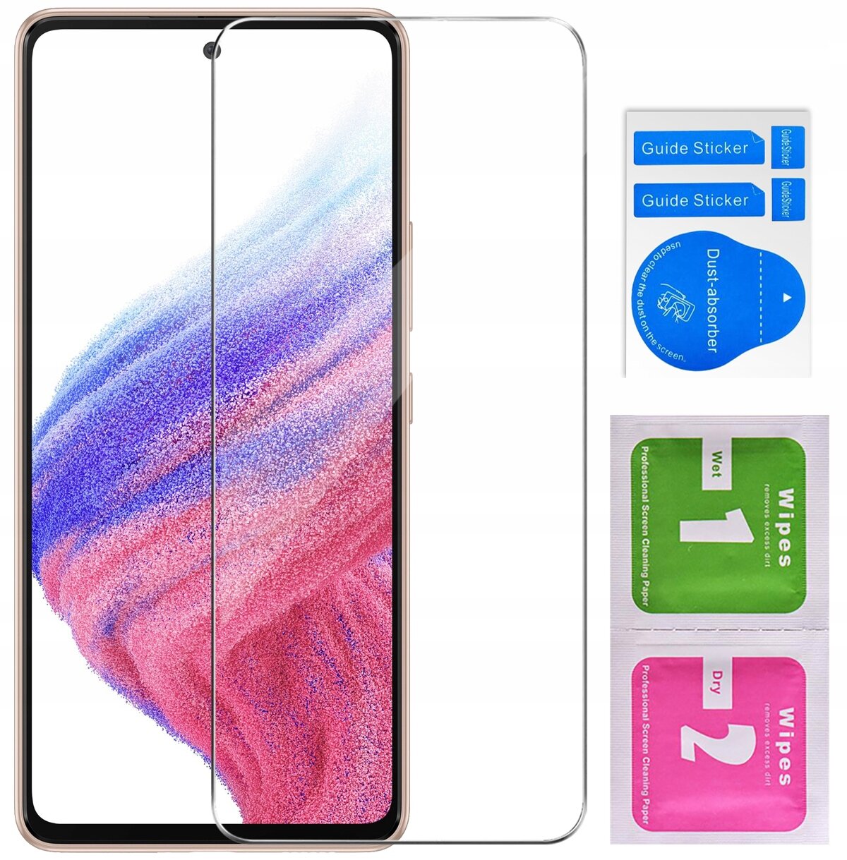 Obraz przedstawia telefon z nałożonym szkłem ochronnym, obok znajdują się naklejki \'Guide Sticker\', \'Dust-absorber\' oraz dwie chusteczki do czyszczenia ekranu oznaczone jako \'Wet 1\' i \'Dry 2\'.