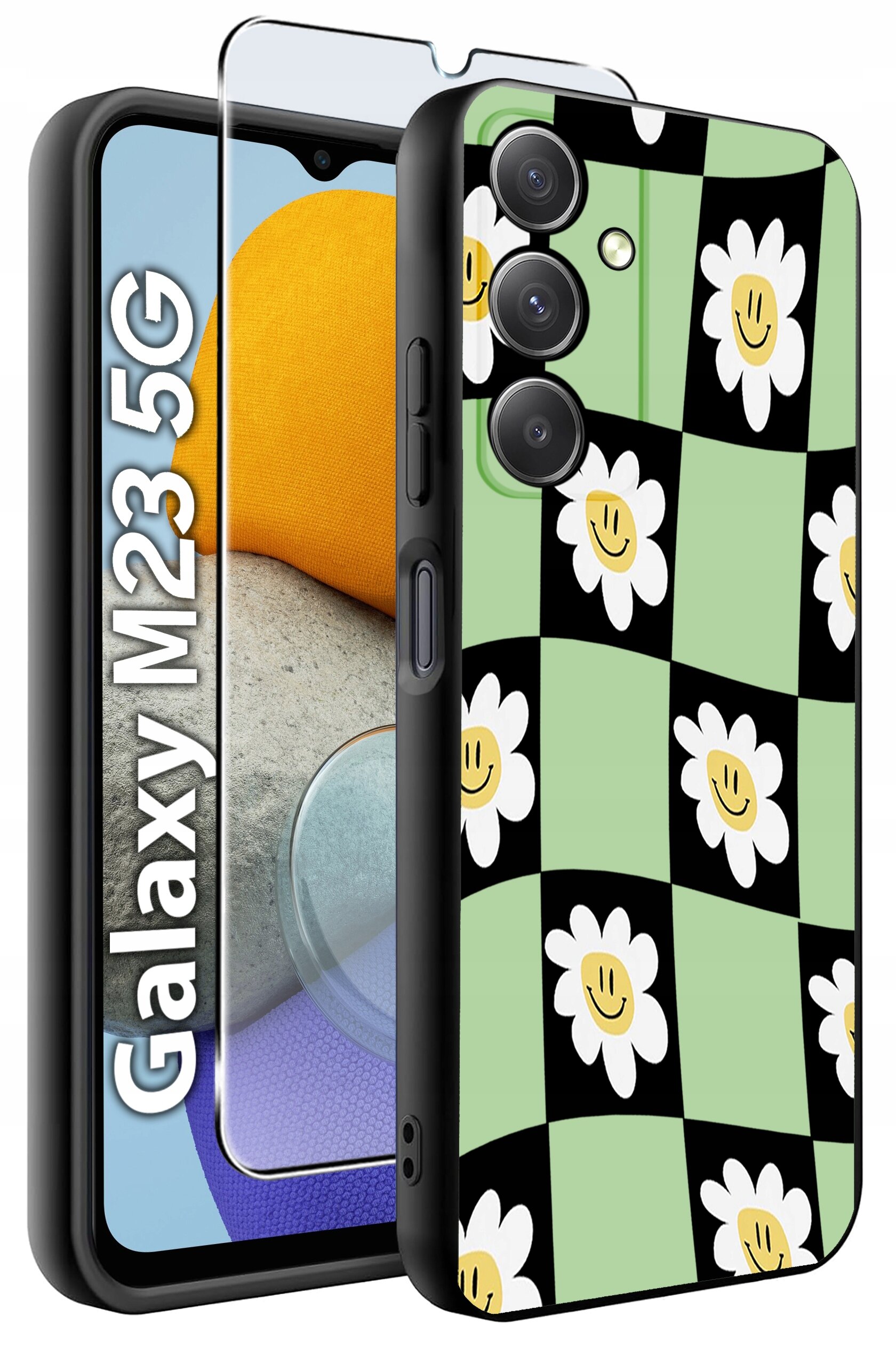 Etui na telefon z wzorem w biało-żółte kwiaty na zielono-czarnym tle, obok widoczna szybka ochronna. Na ekranie telefonu napis \'Galaxy M23 5G\'.