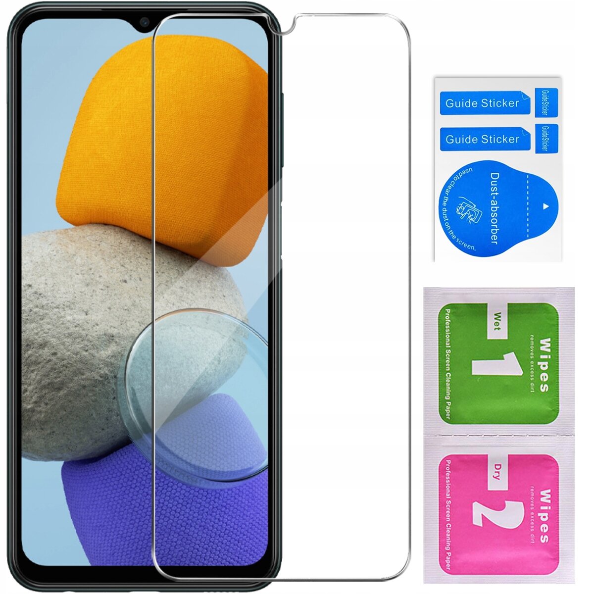 Na obrazie widoczny jest telefon z nałożonym szkłem ochronnym oraz zestaw akcesoriów do montażu, w tym naklejki \'Guide Sticker\' i \'Dust-absorber\', a także chusteczki \'Wet 1\' i \'Dry 2\'.