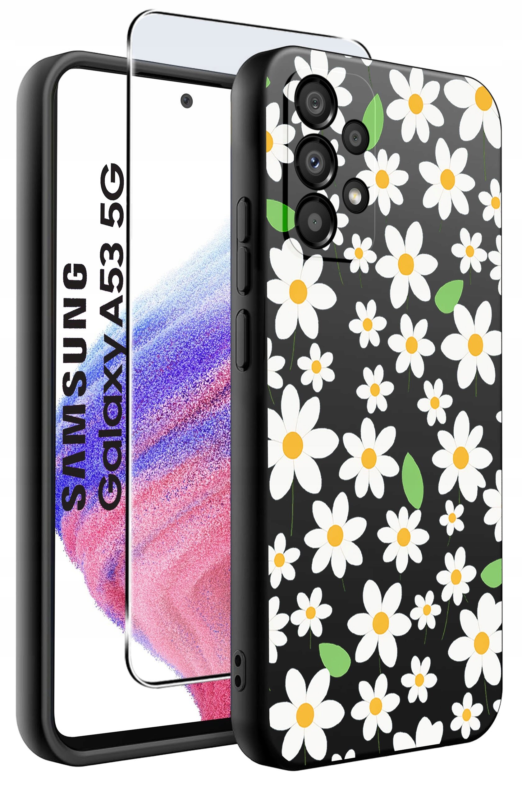 Etui na telefon z czarnym tłem ozdobione białymi kwiatami z żółtymi środkami i zielonymi liśćmi, obok szkło ochronne z napisem \'SAMSUNG Galaxy A53 5G\'.