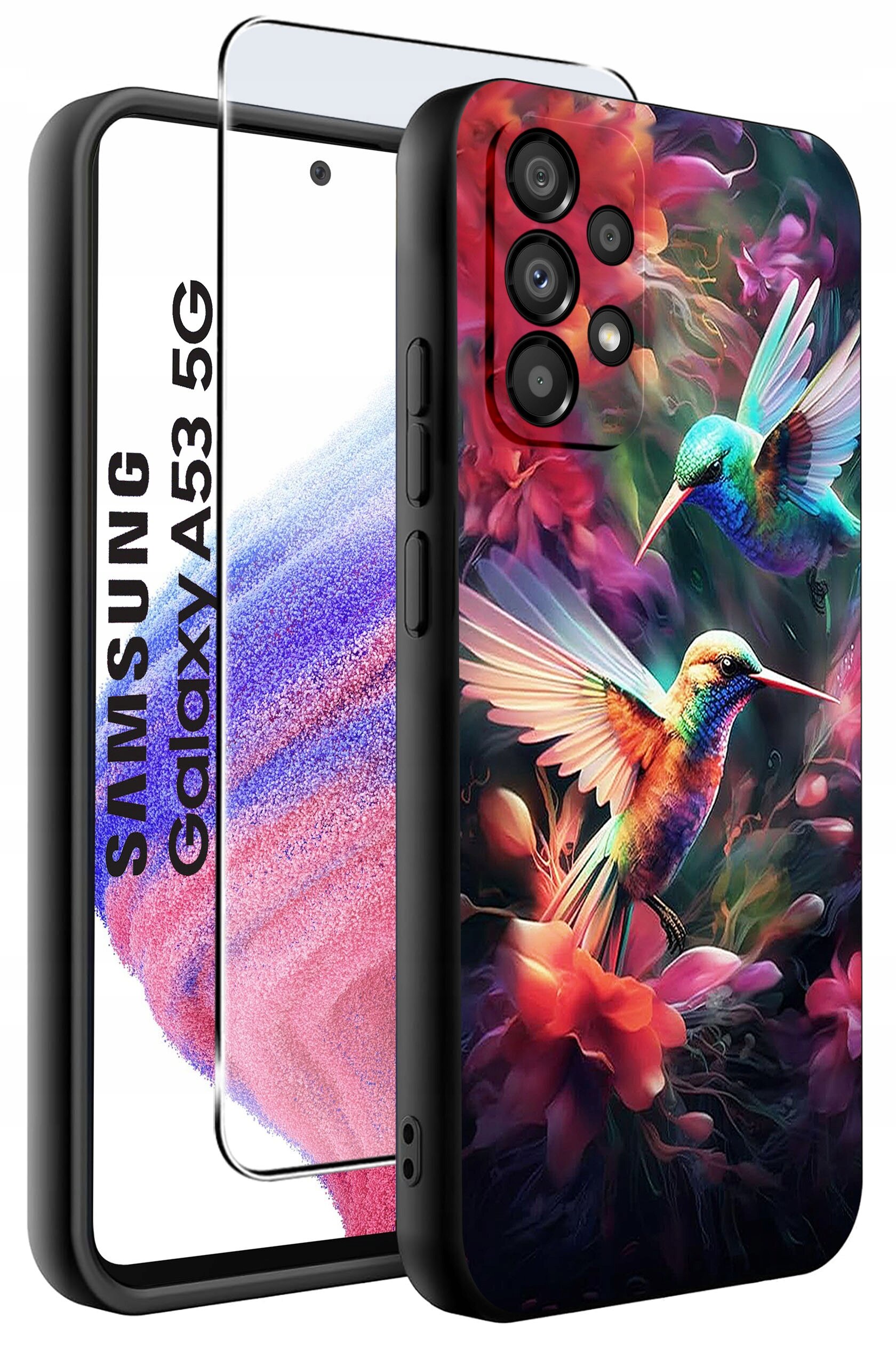 Etui na telefon z kolorowym wzorem przedstawiającym dwa kolibry wśród kwiatów. Obok etui znajduje się szkło ochronne z napisem \'SAMSUNG Galaxy A53 5G\'.