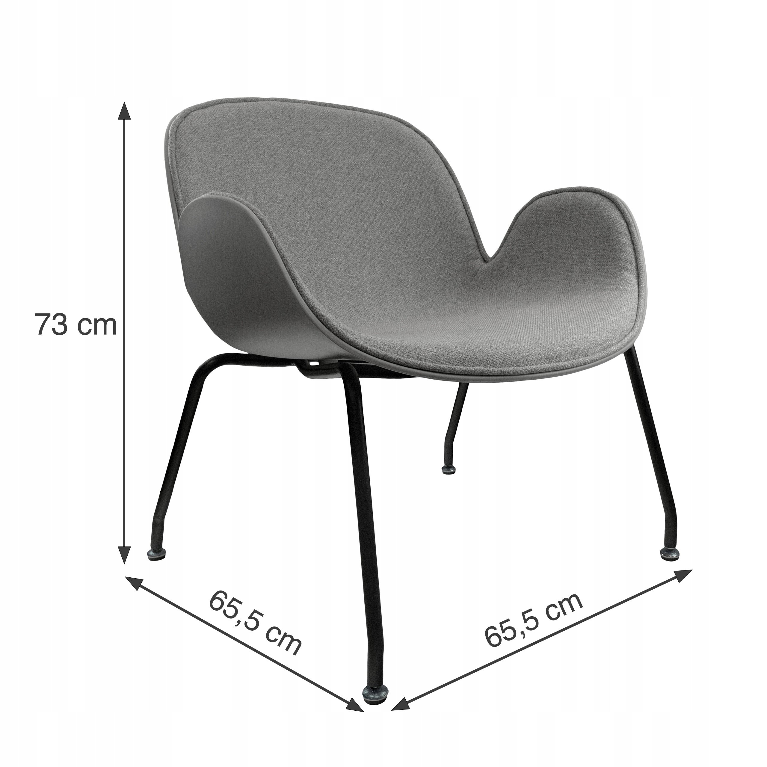 Na obrazie widoczne jest szare krzesło kubełkowe z metalowymi nogami. Wymiary krzesła to 73 cm wysokości oraz 65,5 cm szerokości i głębokości.