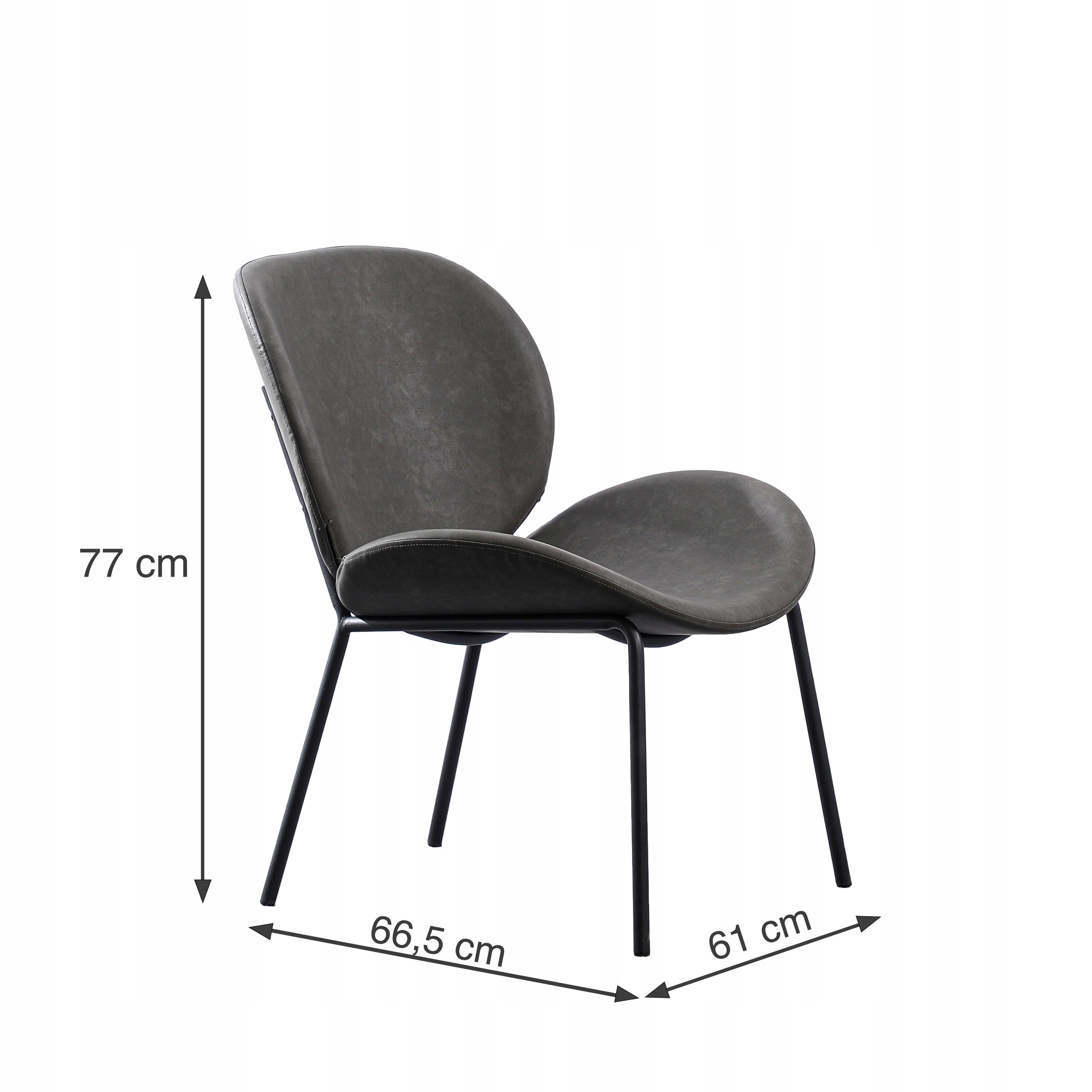 Na obrazie widoczne jest krzesło z aksamitu z metalowymi nogami. Wymiary to 77 cm wysokości, 66,5 cm szerokości i 61 cm głębokości.