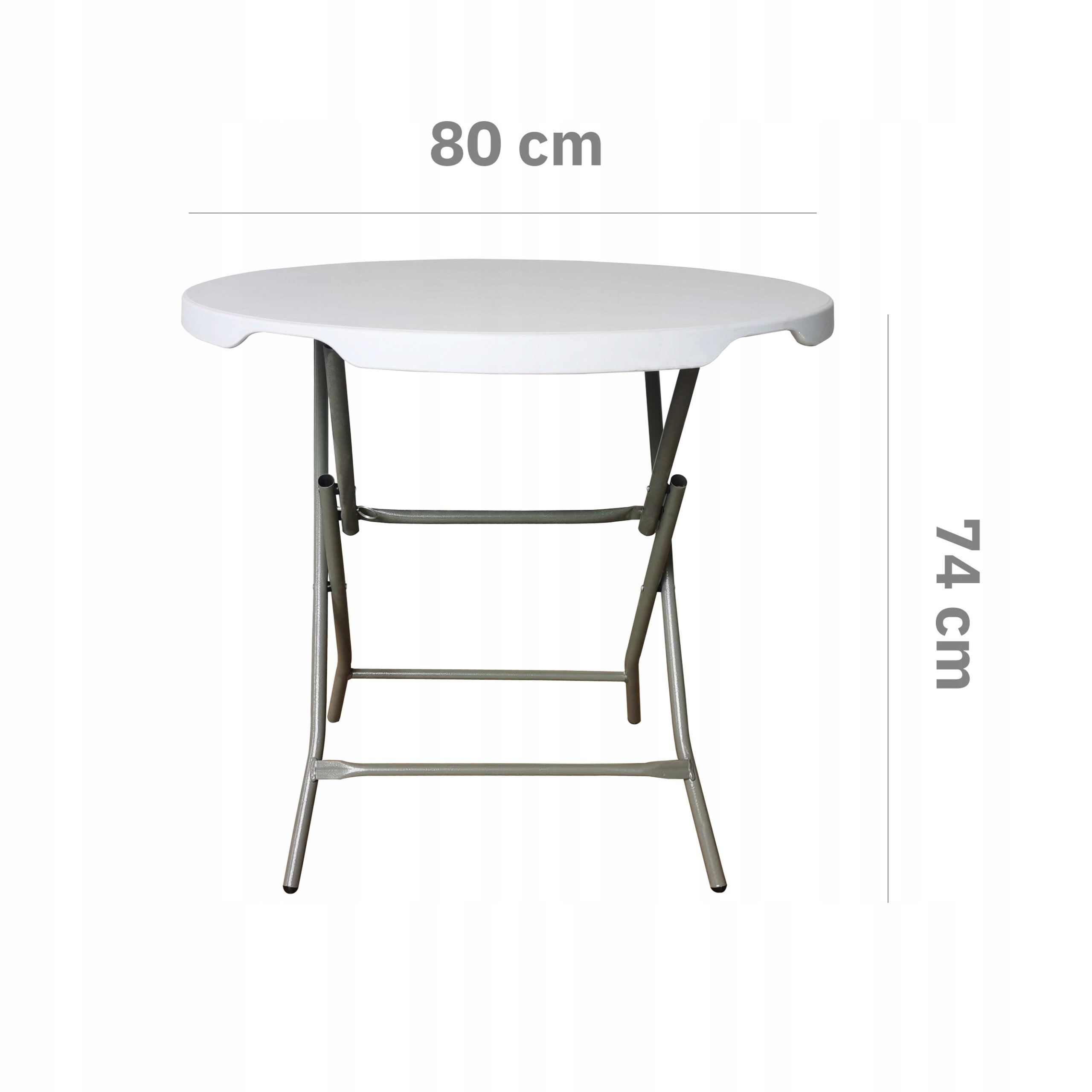 Okrągły, biały stół składany o średnicy 80 cm i wysokości 74 cm, z metalowymi nogami.