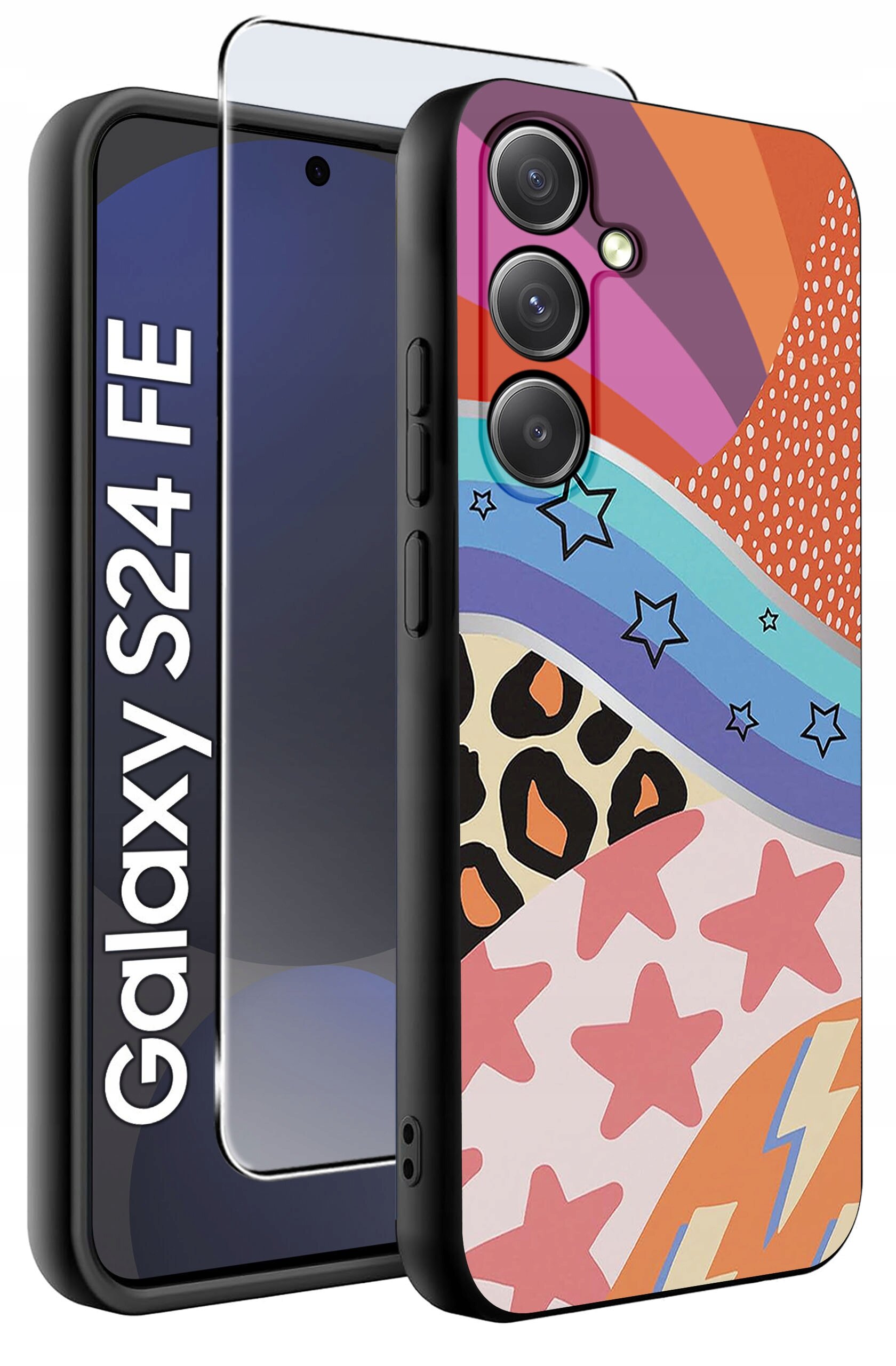 Obraz przedstawia etui na telefon z kolorowym wzorem zawierającym gwiazdy, paski i kropki oraz szkło ochronne. Obok widoczny jest telefon z napisem \'Galaxy S24 FE\'.