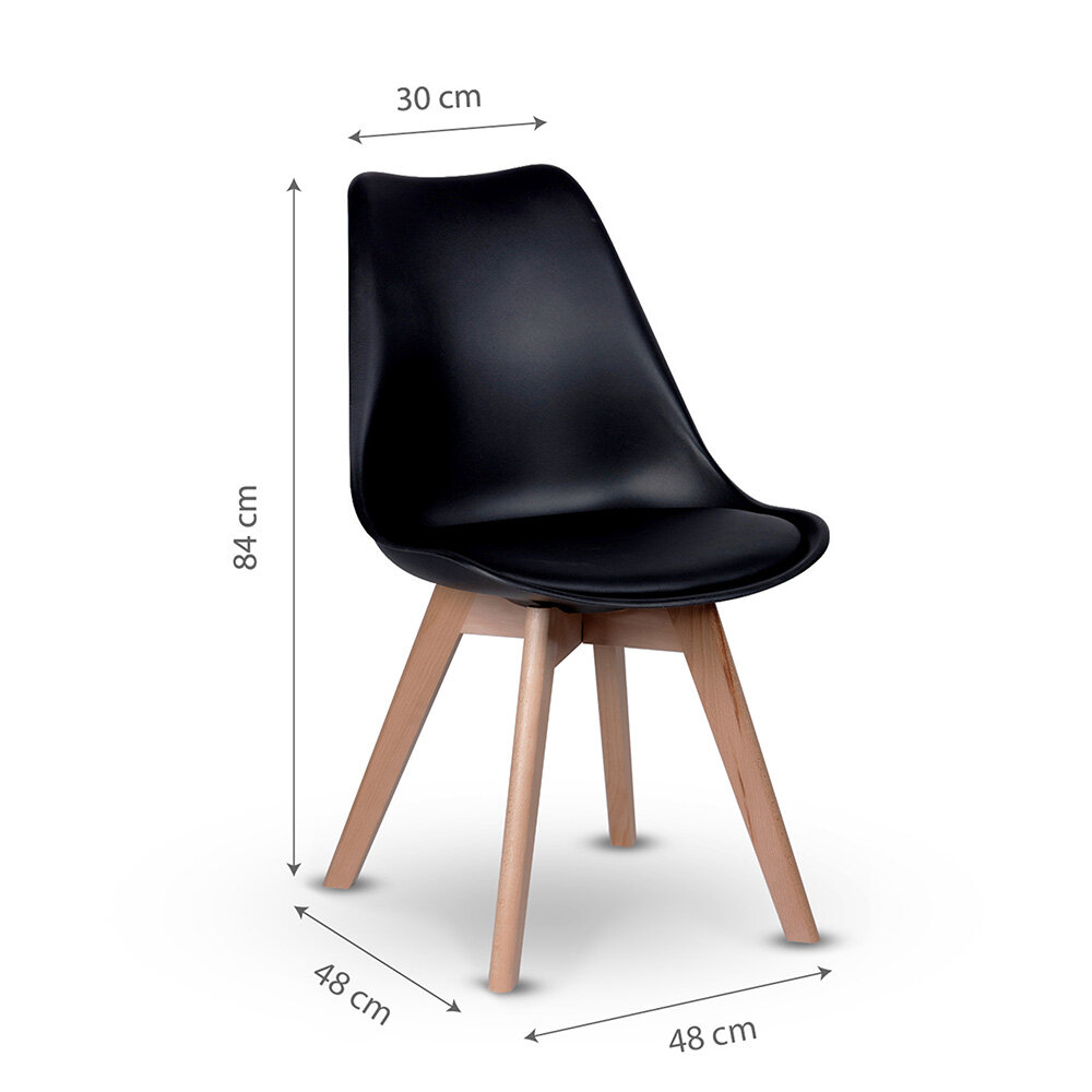 Czarne krzesło z nowoczesnym designem, posiadające drewniane nogi. Wymiary to 84 cm wysokości, 48 cm szerokości i 30 cm głębokości.