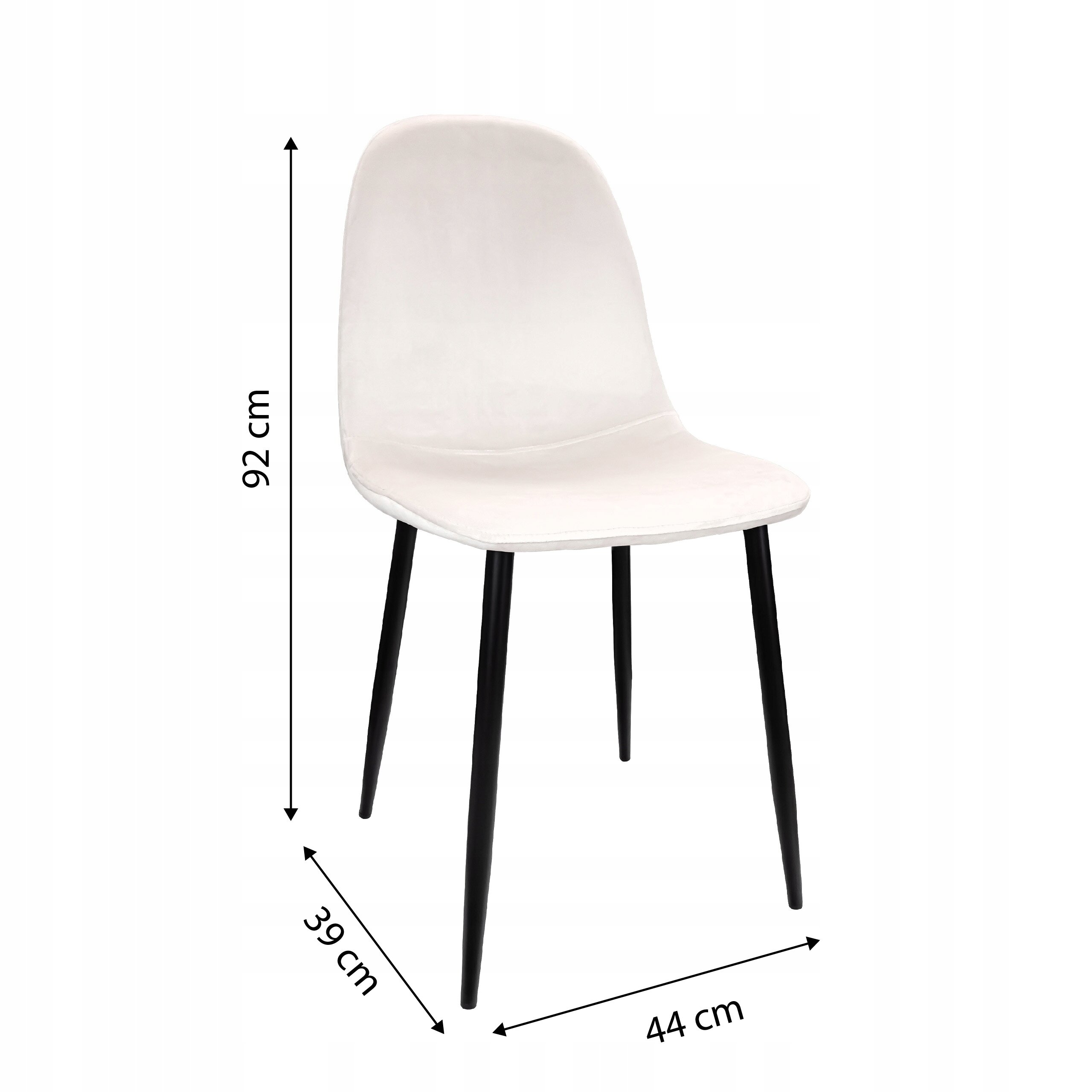 Na obrazie widoczne jest beżowe krzesło tapicerowane z czterema czarnymi nogami. Obok krzesła znajdują się wymiary: 92 cm wysokości, 39 cm głębokości i 44 cm szerokości.