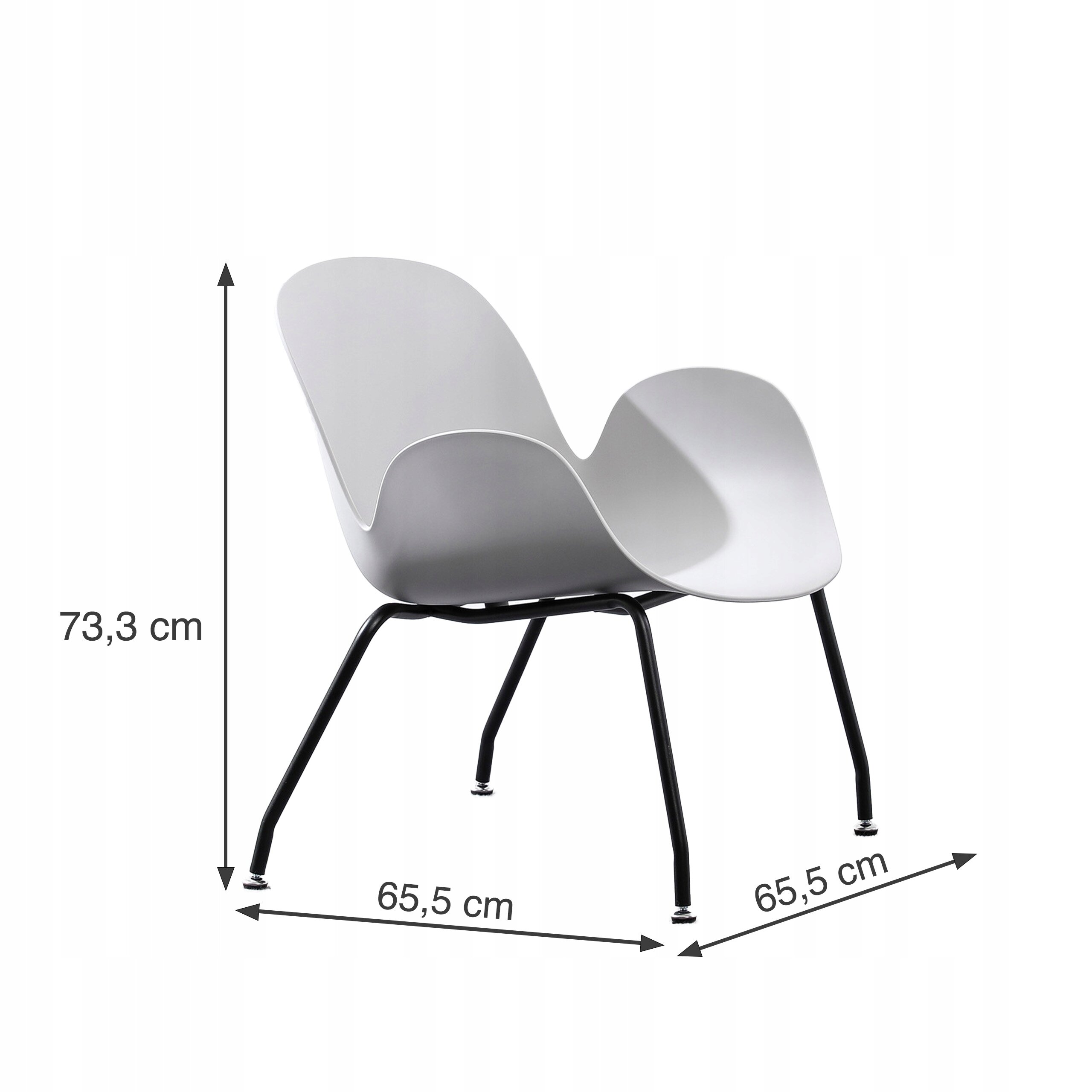 Krzesło kubełkowe z białym siedziskiem i czarnymi metalowymi nogami. Wymiary: wysokość 73,3 cm, szerokość 65,5 cm.