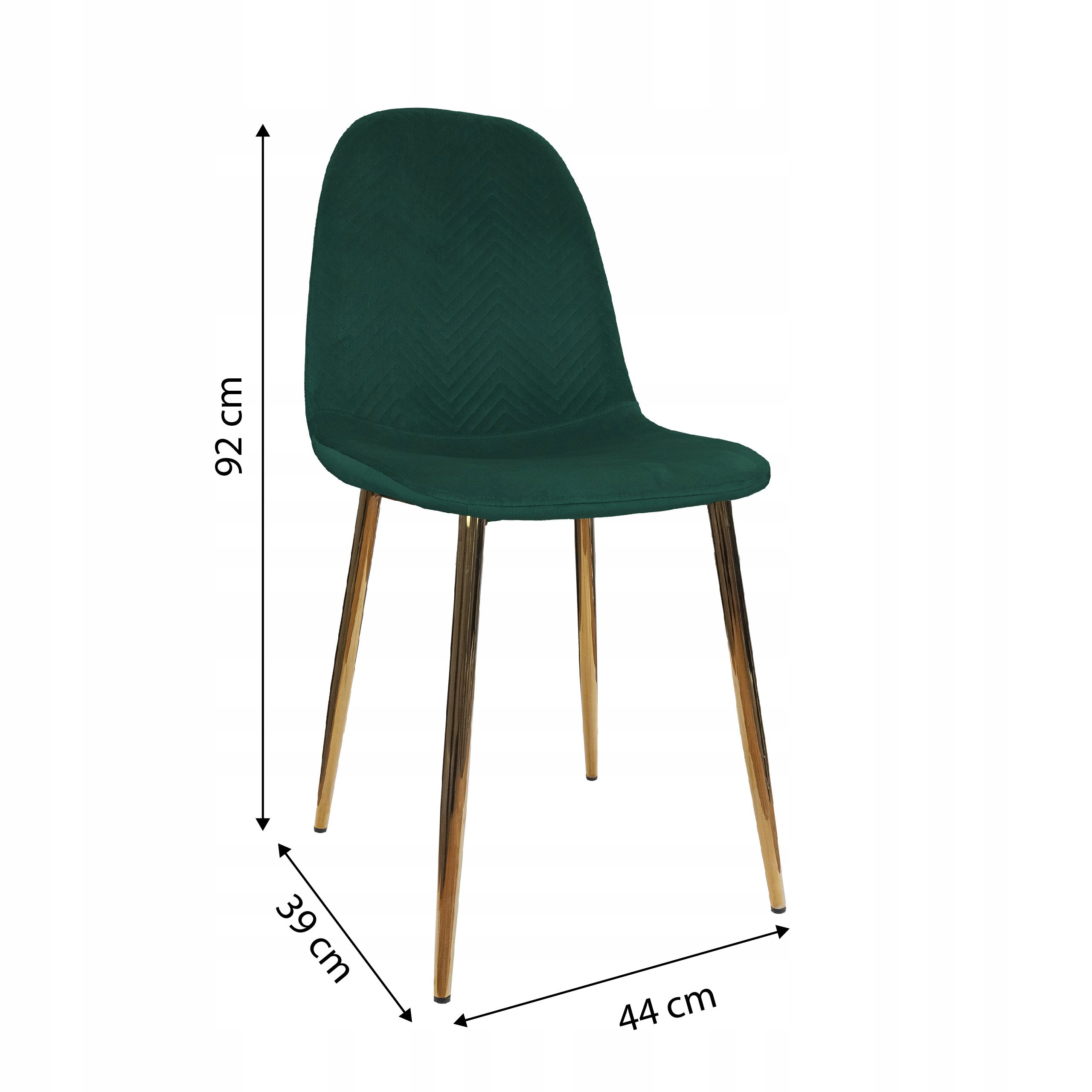 Zielone krzesło tapicerowane z metalowymi nogami w kolorze złotym. Wymiary: wysokość 92 cm, głębokość 39 cm, szerokość 44 cm.